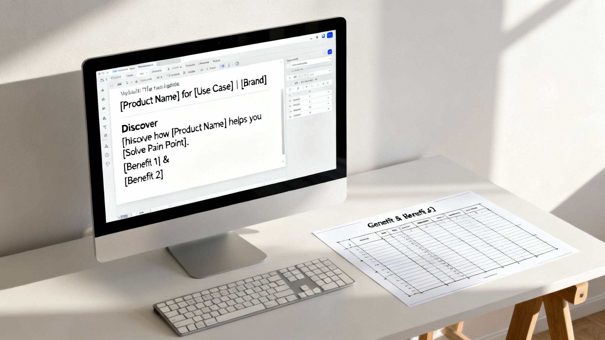 A computer screen on a white desk displays a product marketing template, next to a keyboard and a printed chart.