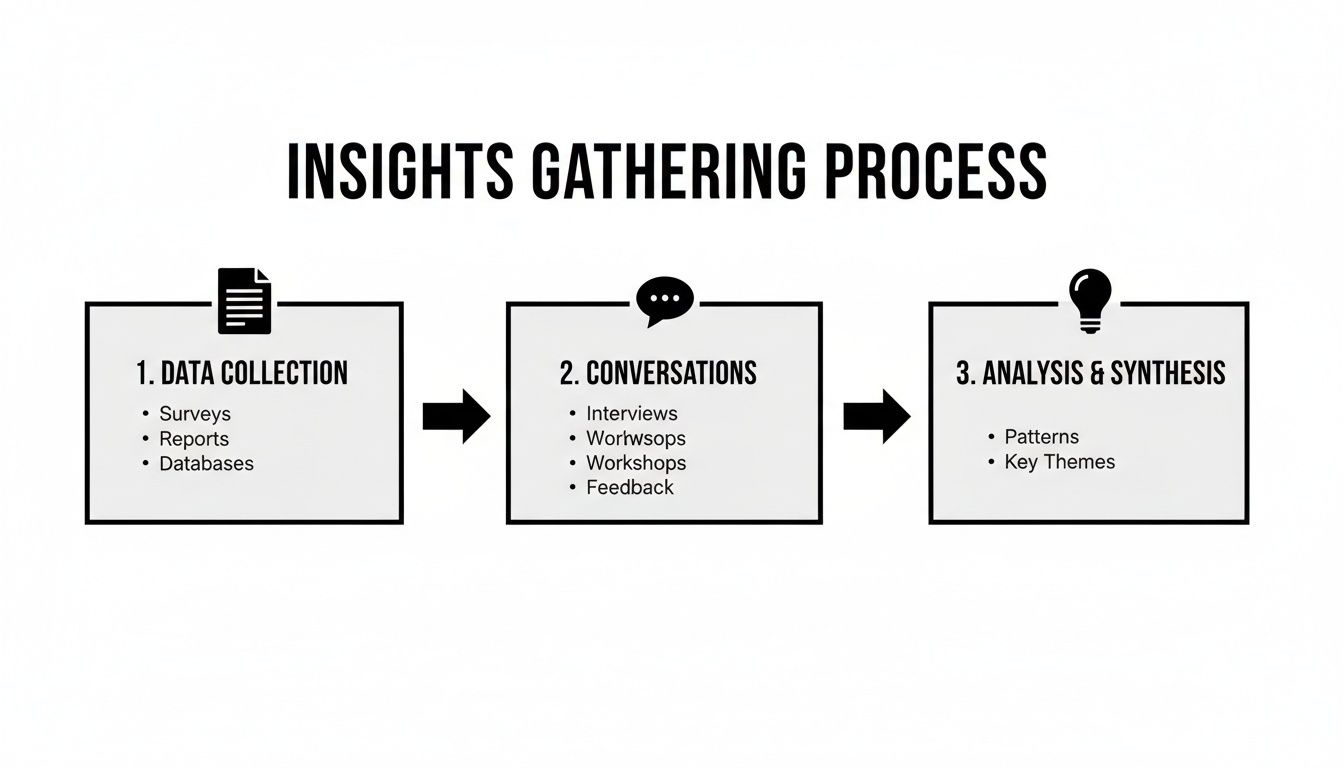 Diagram illustrating a three-step insights gathering process: data collection, conversations, and analysis.