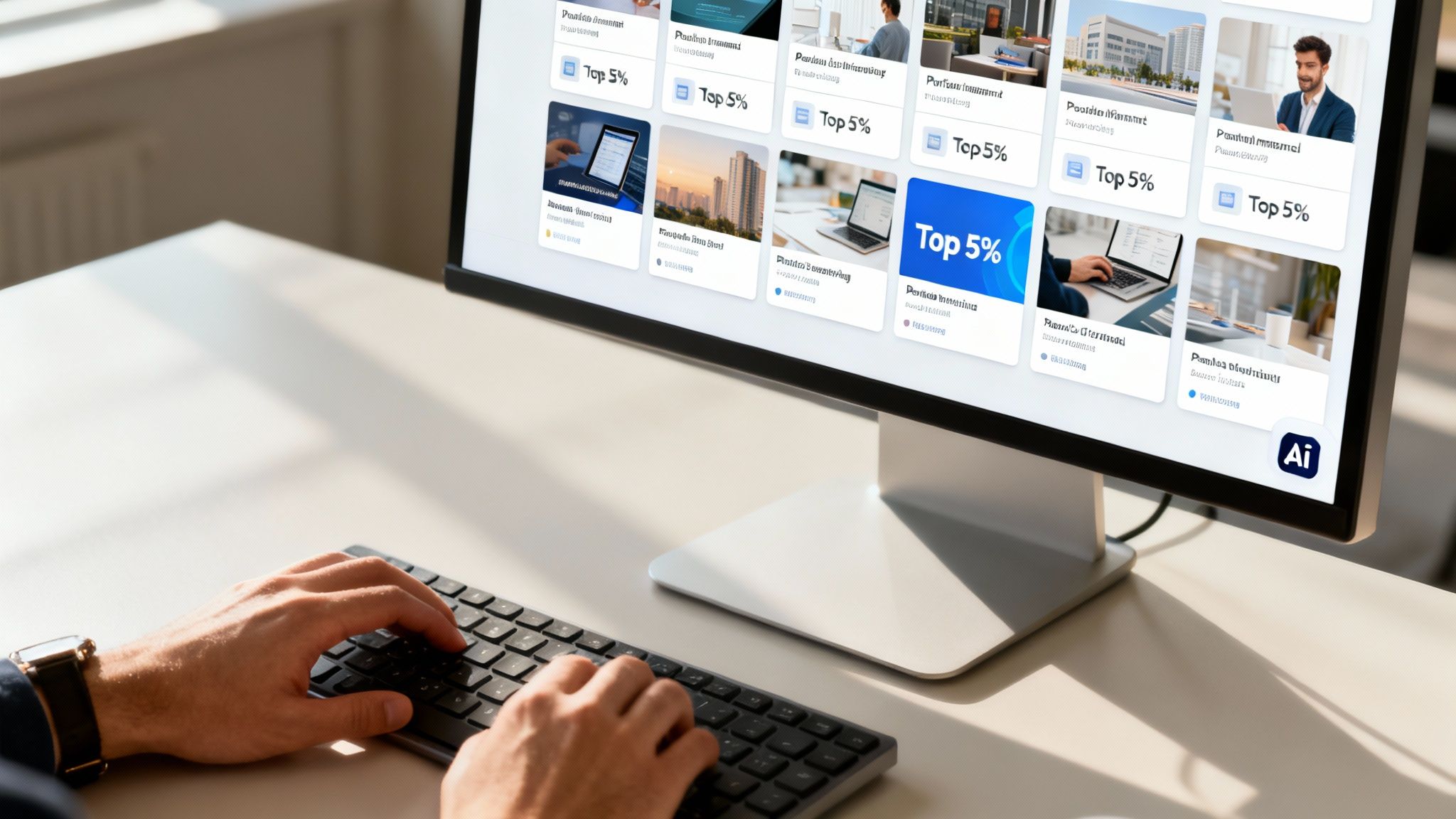 A person's hands type on a keyboard in front of a desktop monitor displaying an AI-powered marketing automation dashboard.