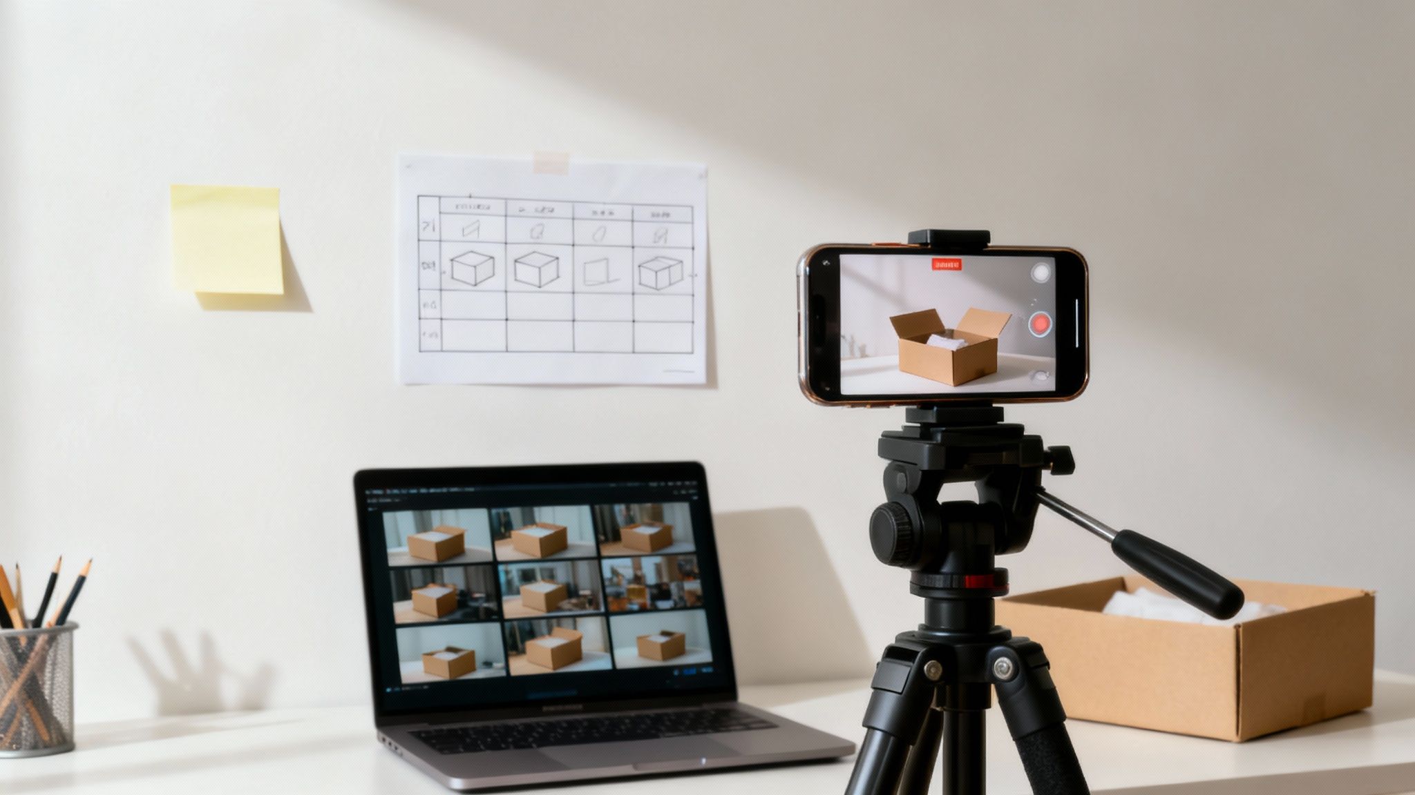 A smartphone on a tripod records an open cardboard box, with a laptop showing product images.