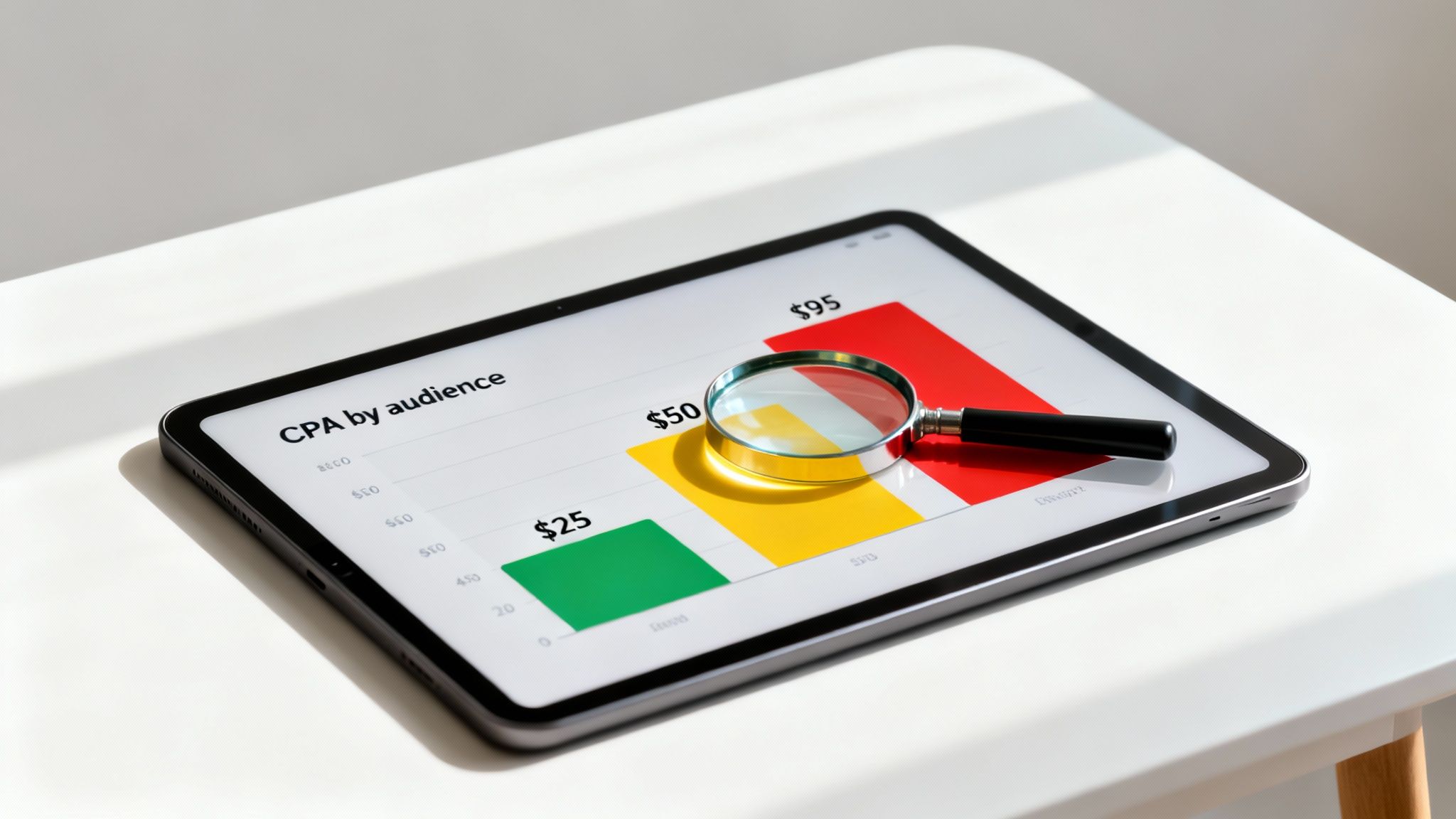 A tablet displays a 'CPA by audience' bar chart with a magnifying glass, analyzing marketing acquisition costs.