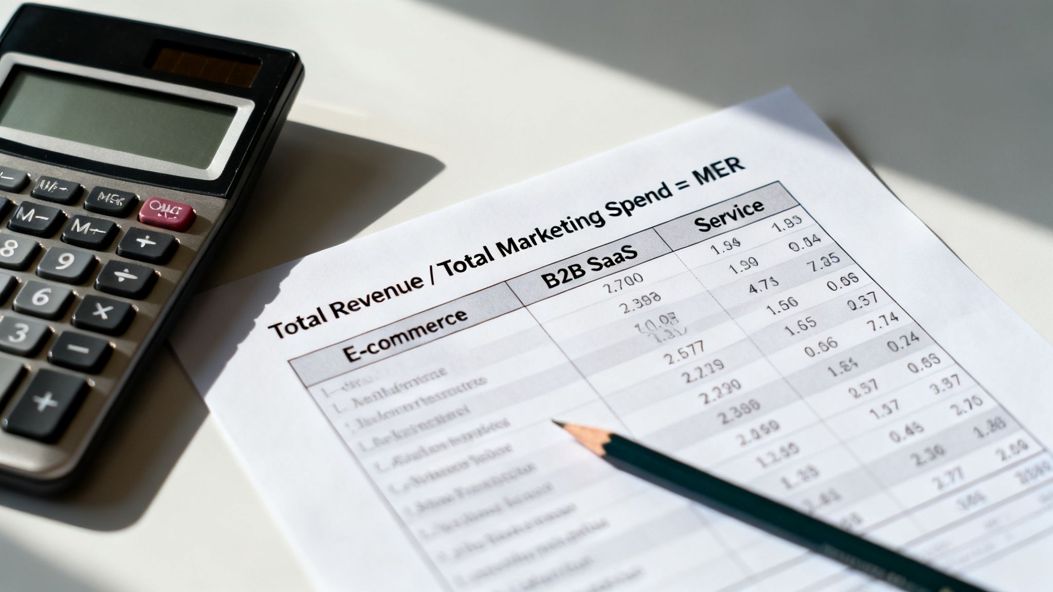 A calculator and pencil on a document displaying marketing efficiency ratio calculations for E-commerce and B2B SaaS.