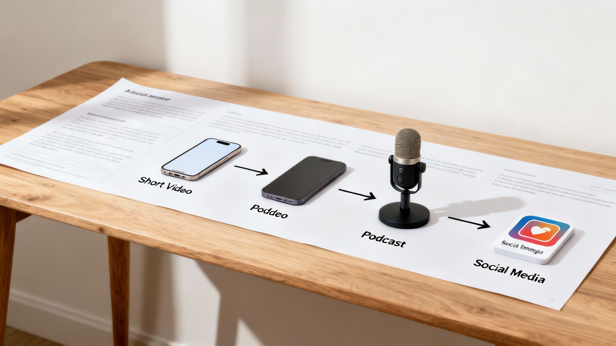 A content creation workflow diagram on a wooden table, showing steps from short video to podcast and social media.