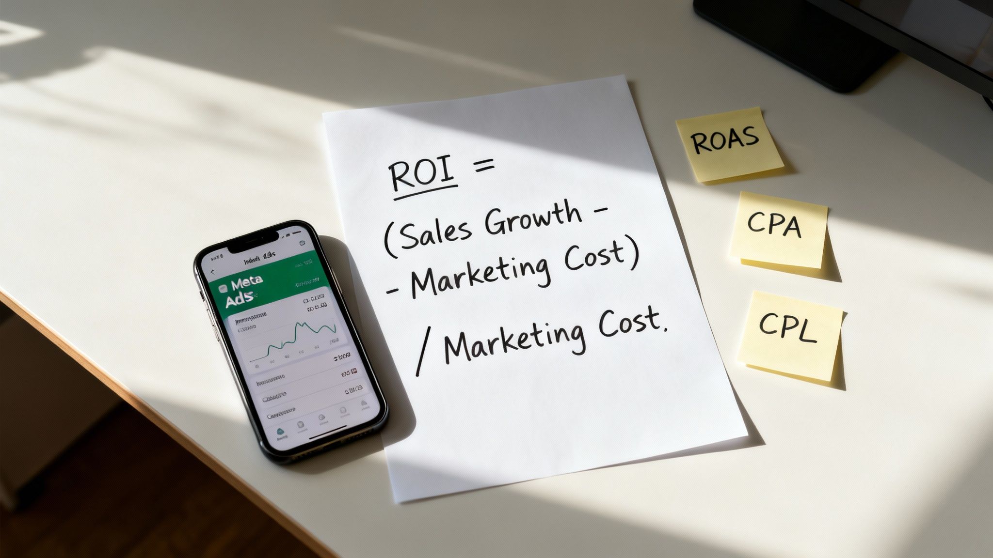 Desk with a phone showing Meta Ads, ROI formula on paper, and marketing metrics ROAS, CPA, CPL.