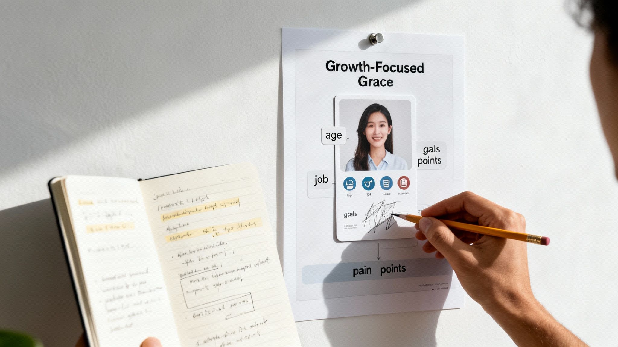 A person's hand writing on a user persona document pinned to a wall, with an open notebook nearby.