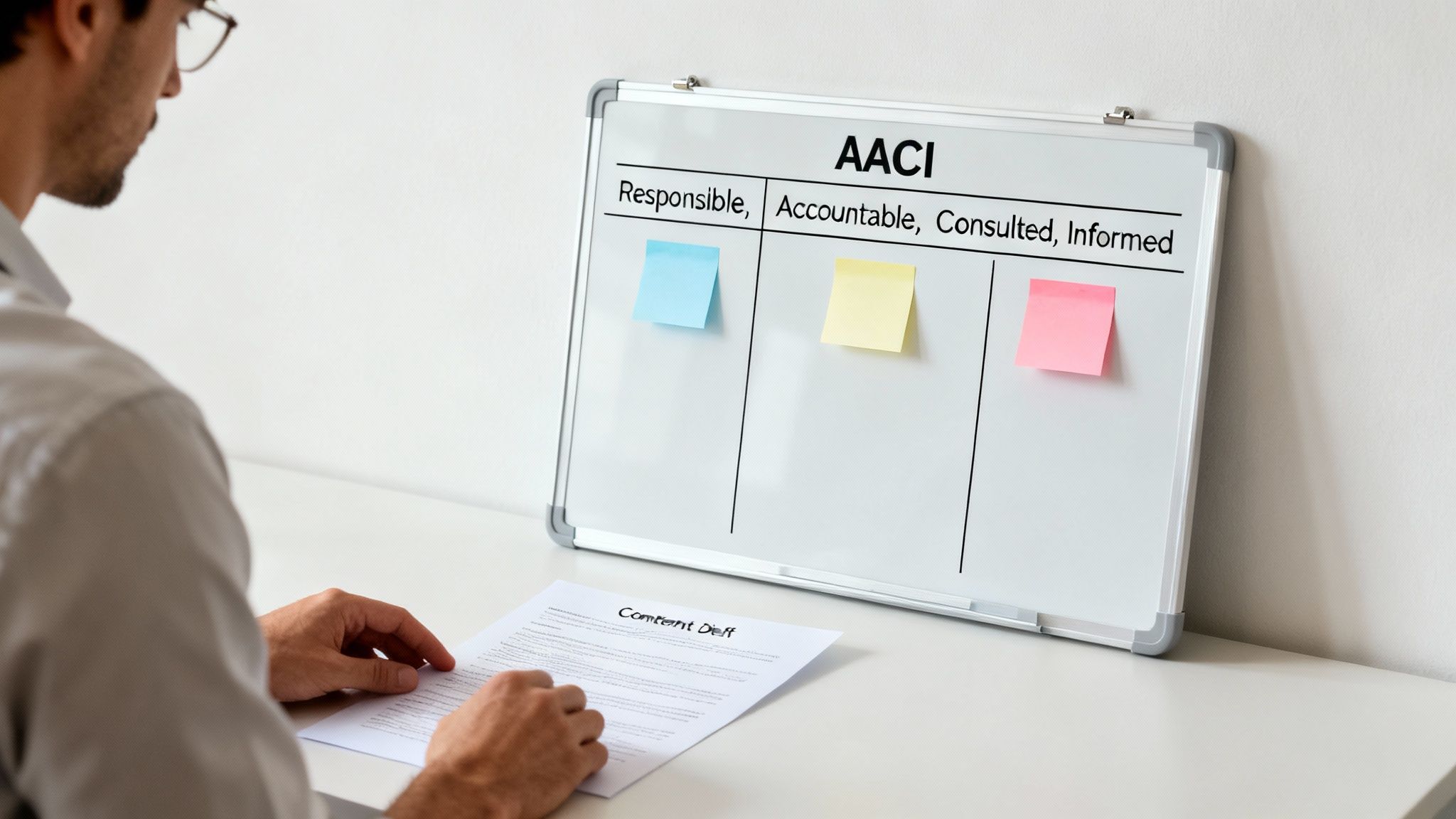 A man examines an AACI matrix on a whiteboard with sticky notes, holding a document titled 'Comment Draft'.