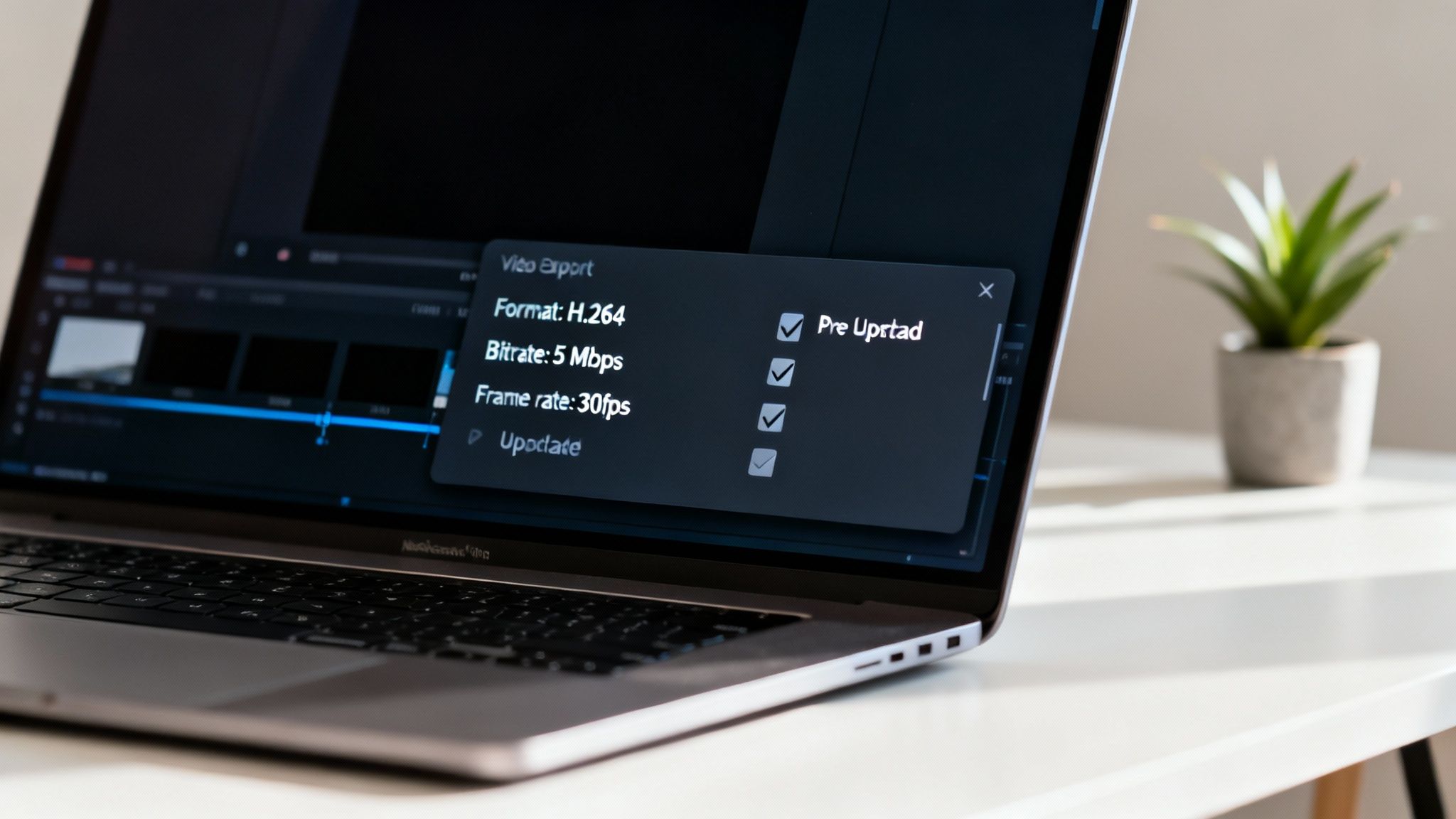 A laptop screen displays video export settings, showing H.264 format, 5 Mbps bitrate, and 30fps.