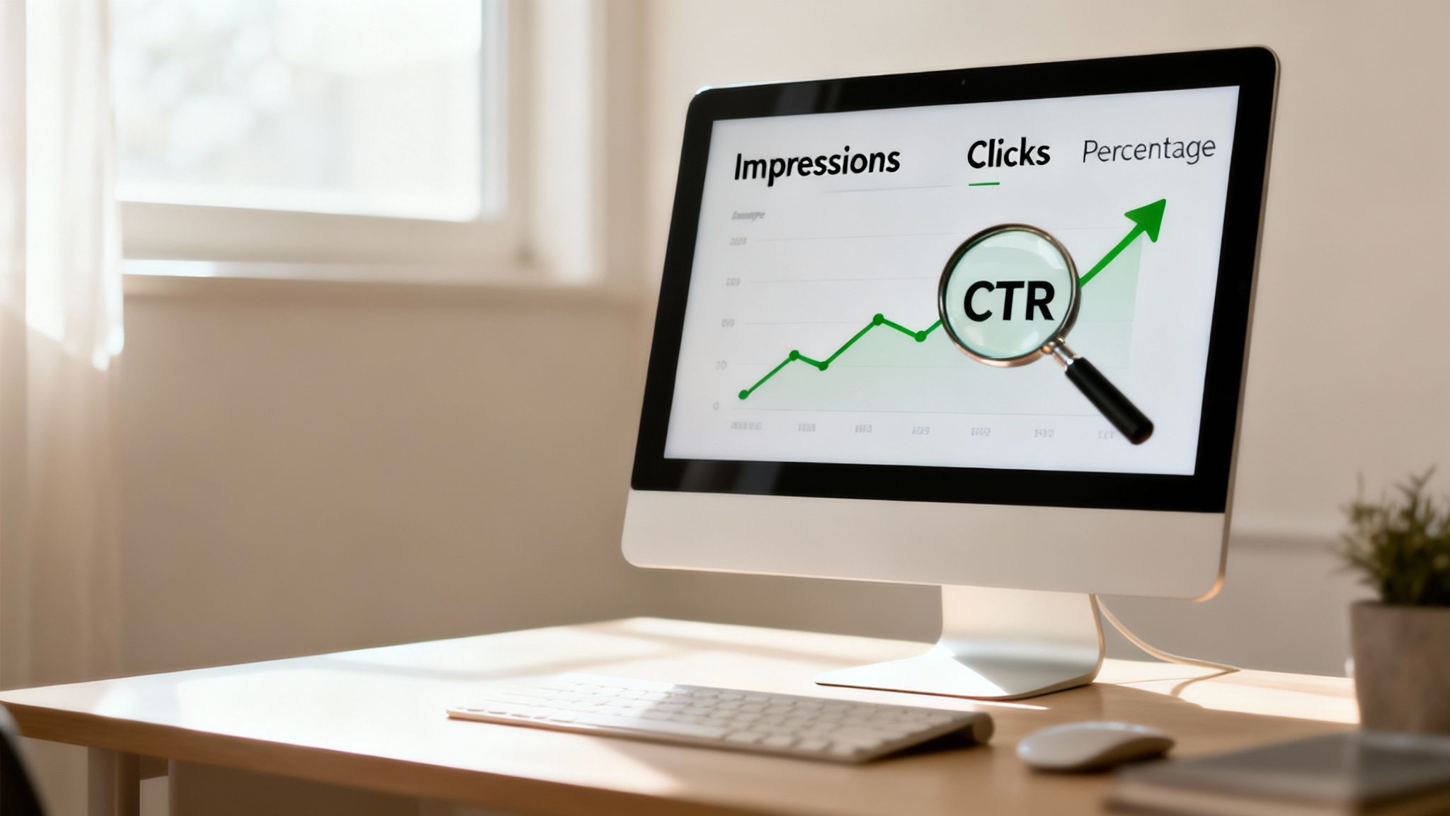 A computer monitor displays a rising CTR graph with Impressions and Clicks data.