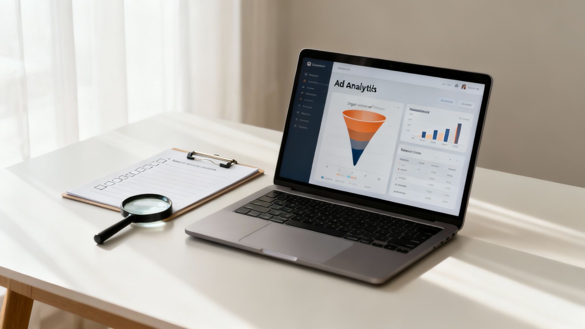 Laptop showing ad analytics software, with a clipboard, checklist, and magnifying glass on a white desk.