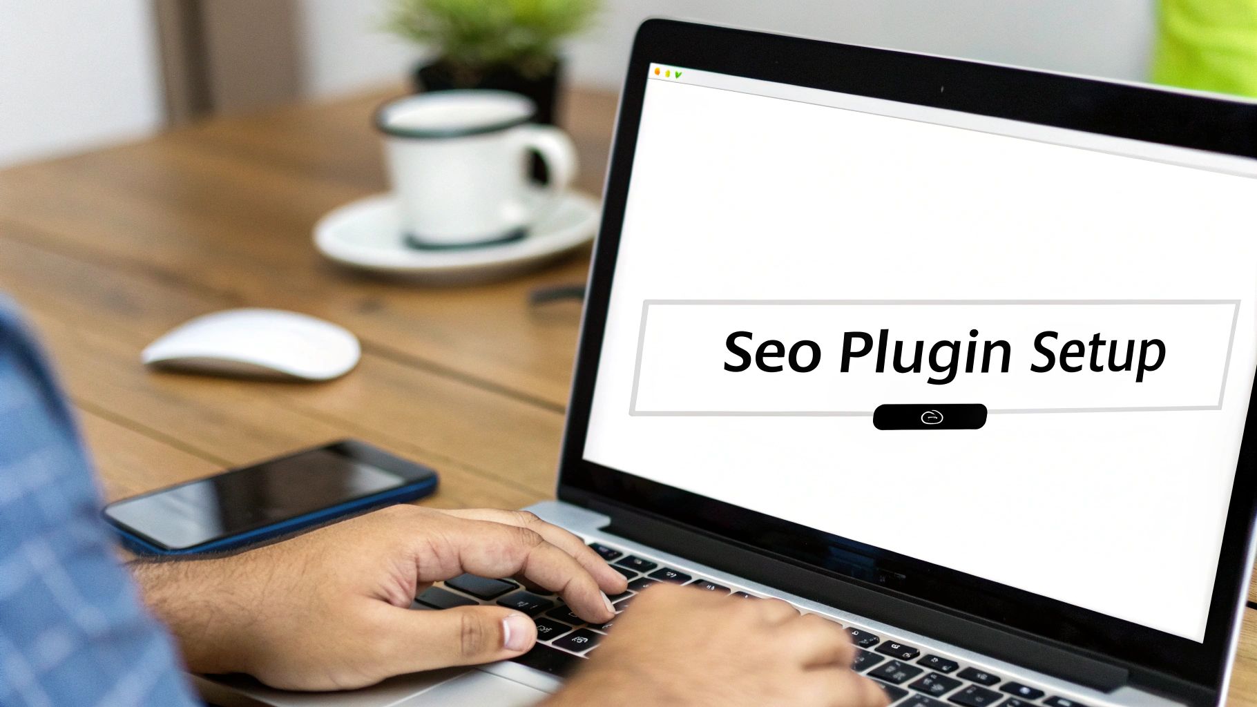 A person is typing on a laptop displaying 'Seo Plugin Setup' on a wooden desk with a phone and mouse.