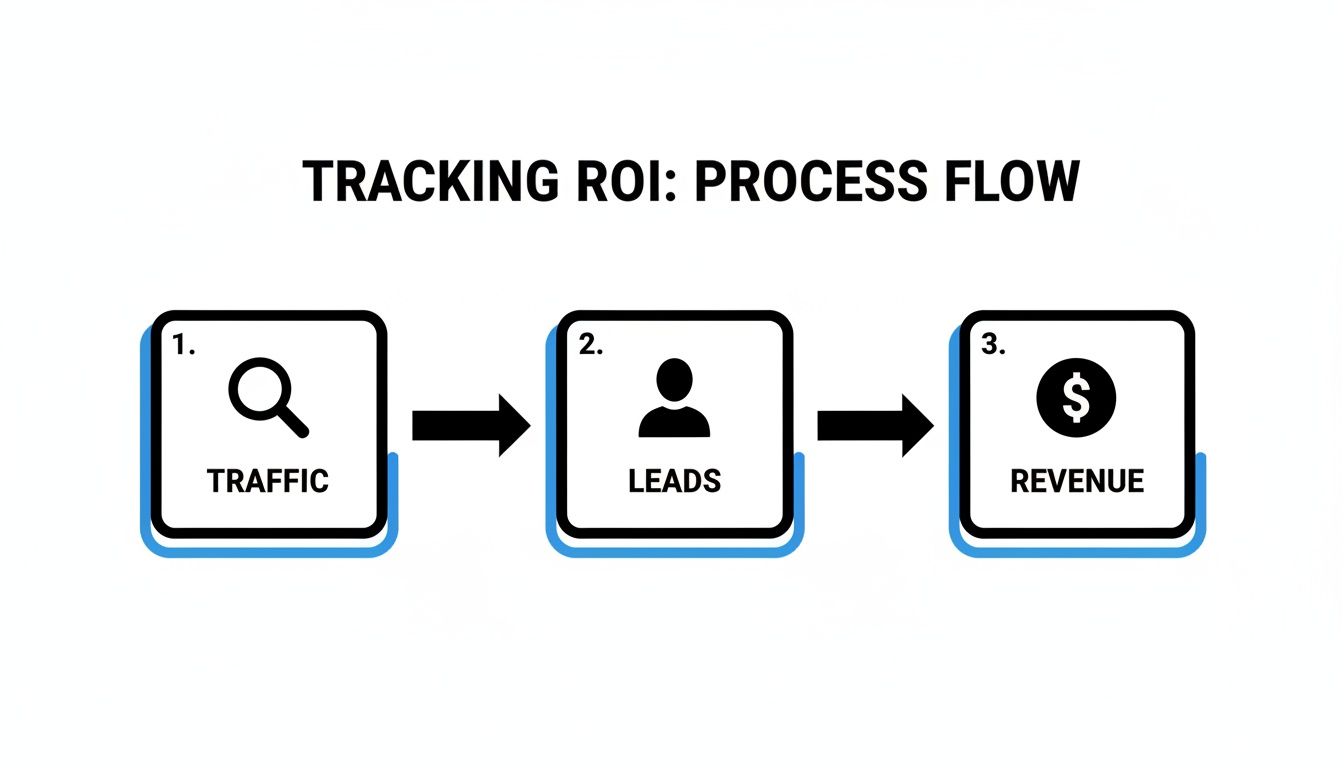 A diagram illustrating the ROI tracking process flow from Traffic to Leads and then to Revenue.
