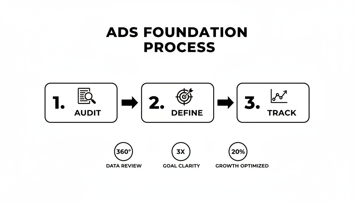 Diagram showing the Ads Foundation Process: Audit, Define, Track, with metrics like data review, goal clarity, and growth optimization.