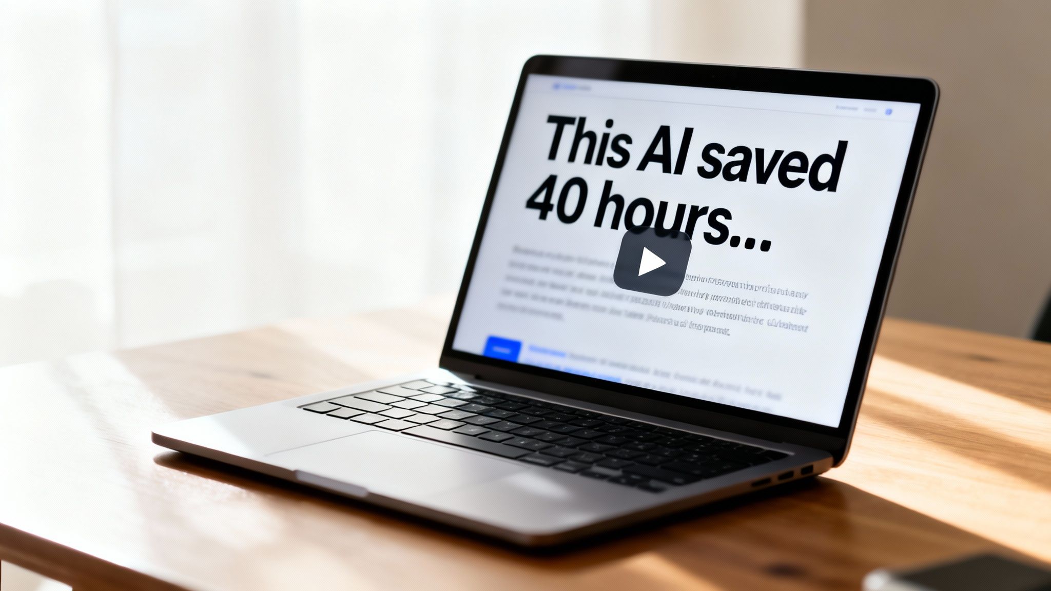 Silver laptop on a wooden desk displays a screen with the text 'This AI saved 40 hours...'