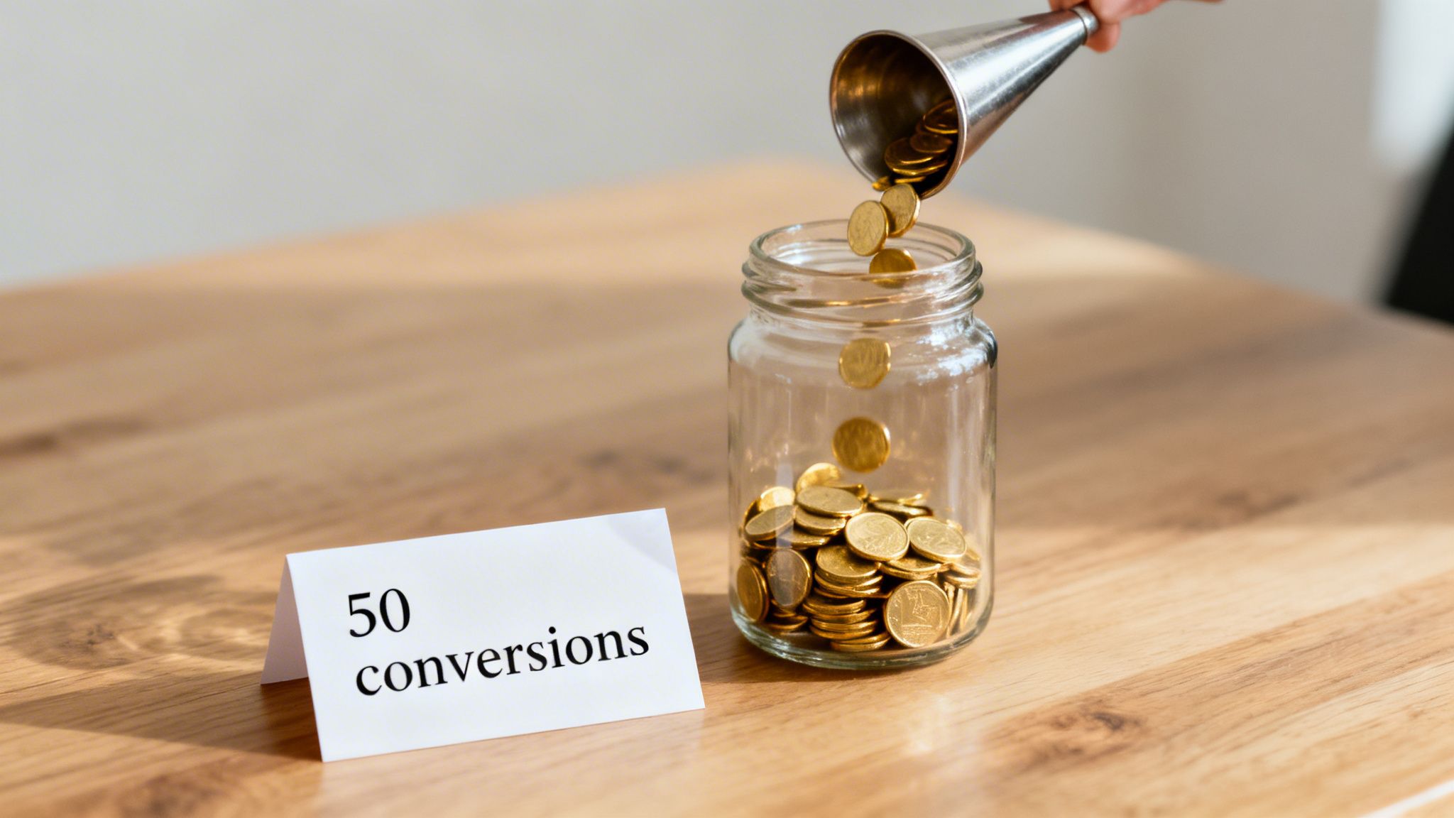 A hand pours golden coins into a glass jar next to a card reading '50 conversions' on a wooden table.