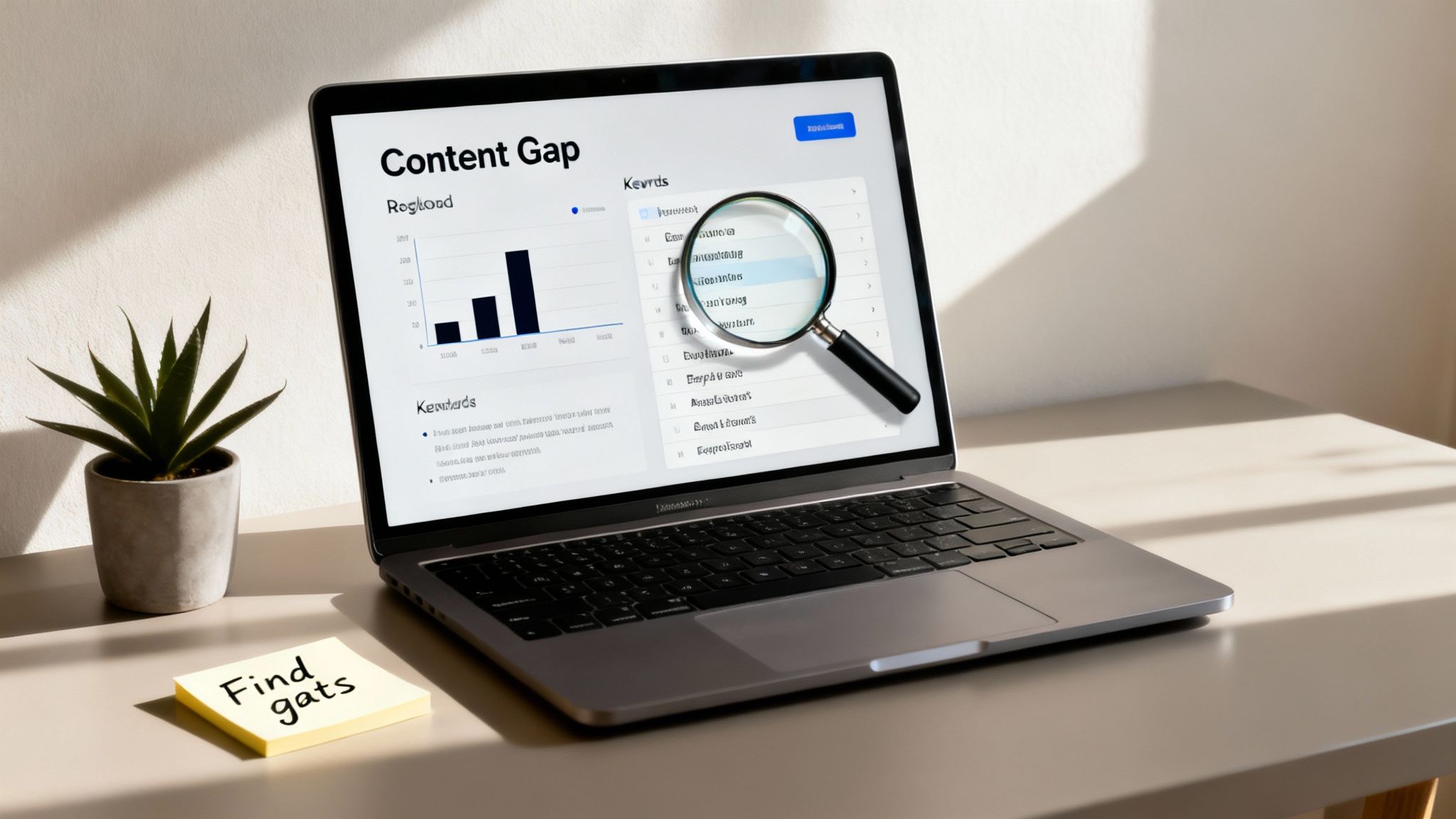 A laptop displaying an SEO content gap analysis with keywords and a magnifying glass, plus a plant and sticky note.
