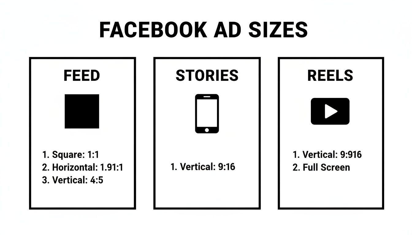 An infographic detailing Facebook ad sizes for Feed, Stories, and Reels, showing various aspect ratios.