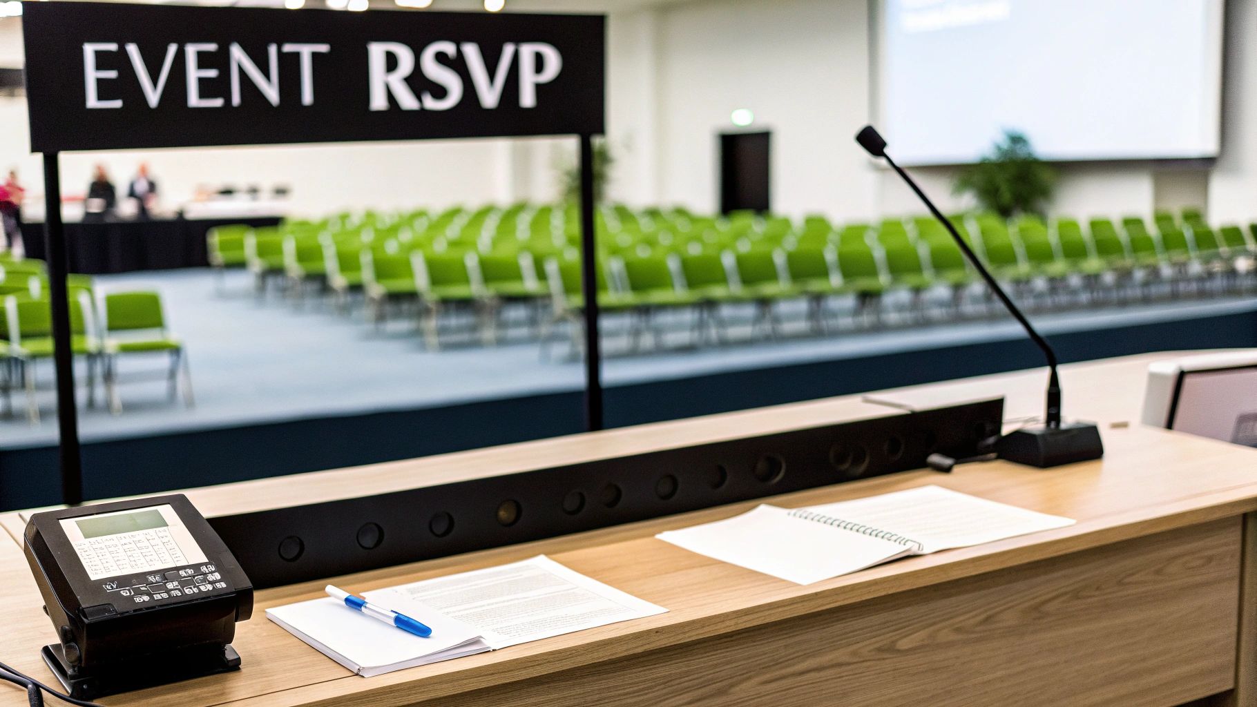 Professional conference room with a speaker's desk, microphone, and a large 'EVENT RSVP' sign.
