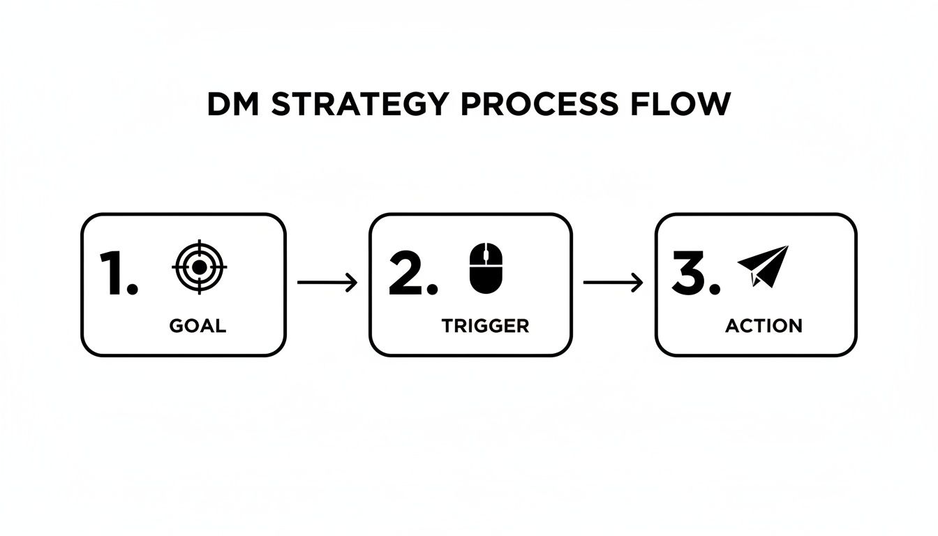 A DM strategy process flow diagram illustrating three sequential steps: Goal, Trigger, and Action.