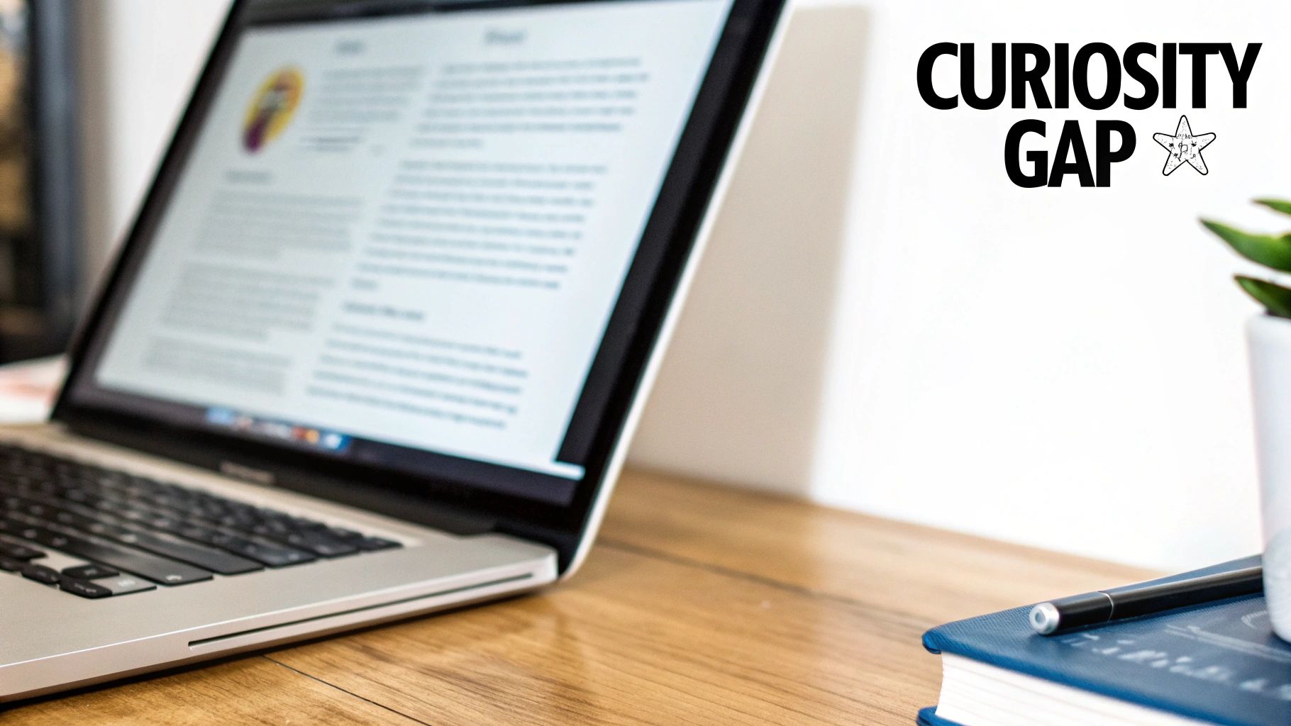 A silver laptop open on a wooden desk next to a blue notebook and pen, with 'Curiosity Gap' text.