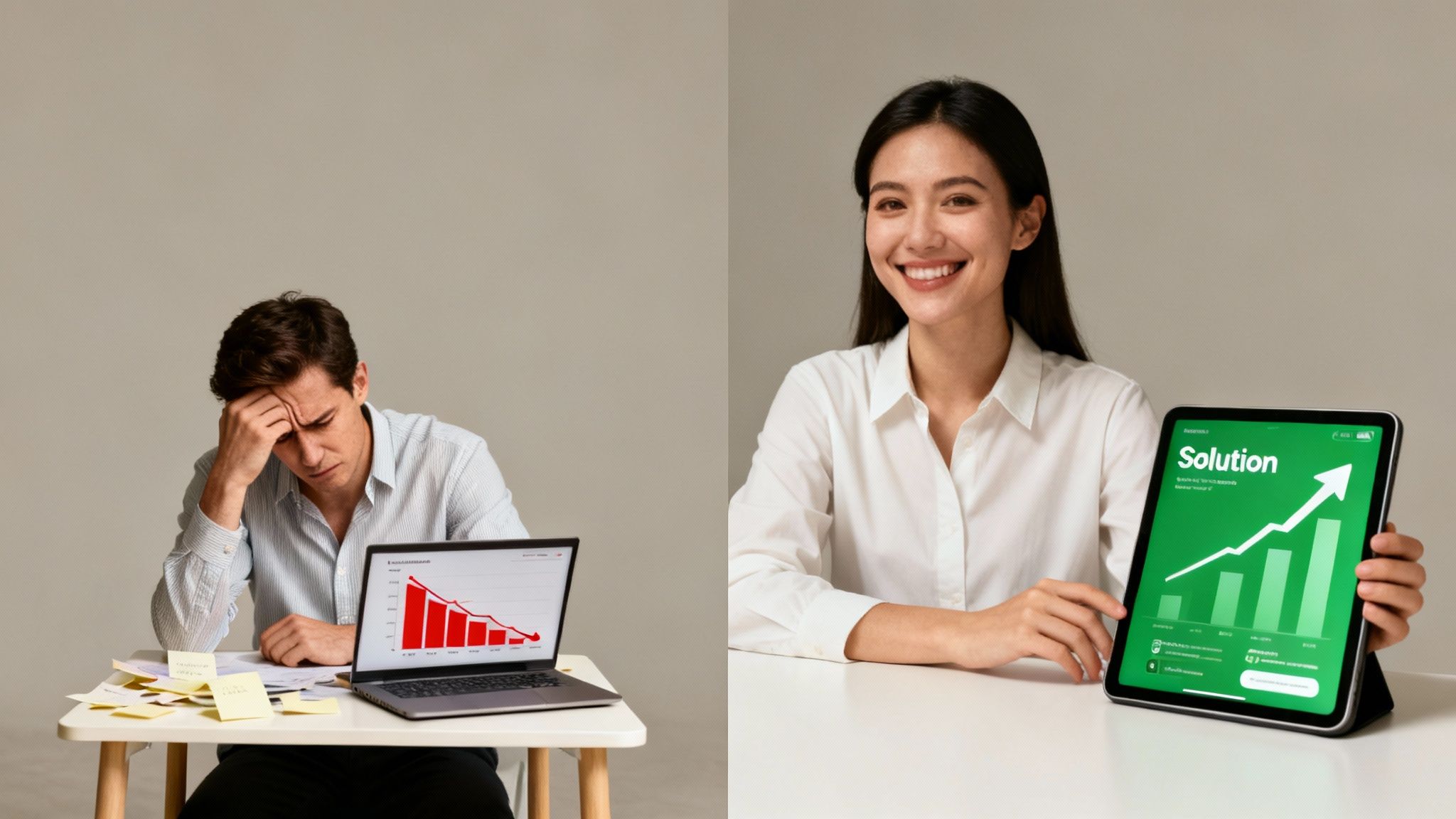A stressed man with a declining graph contrasts with a smiling woman showing a solution with an upward trend.