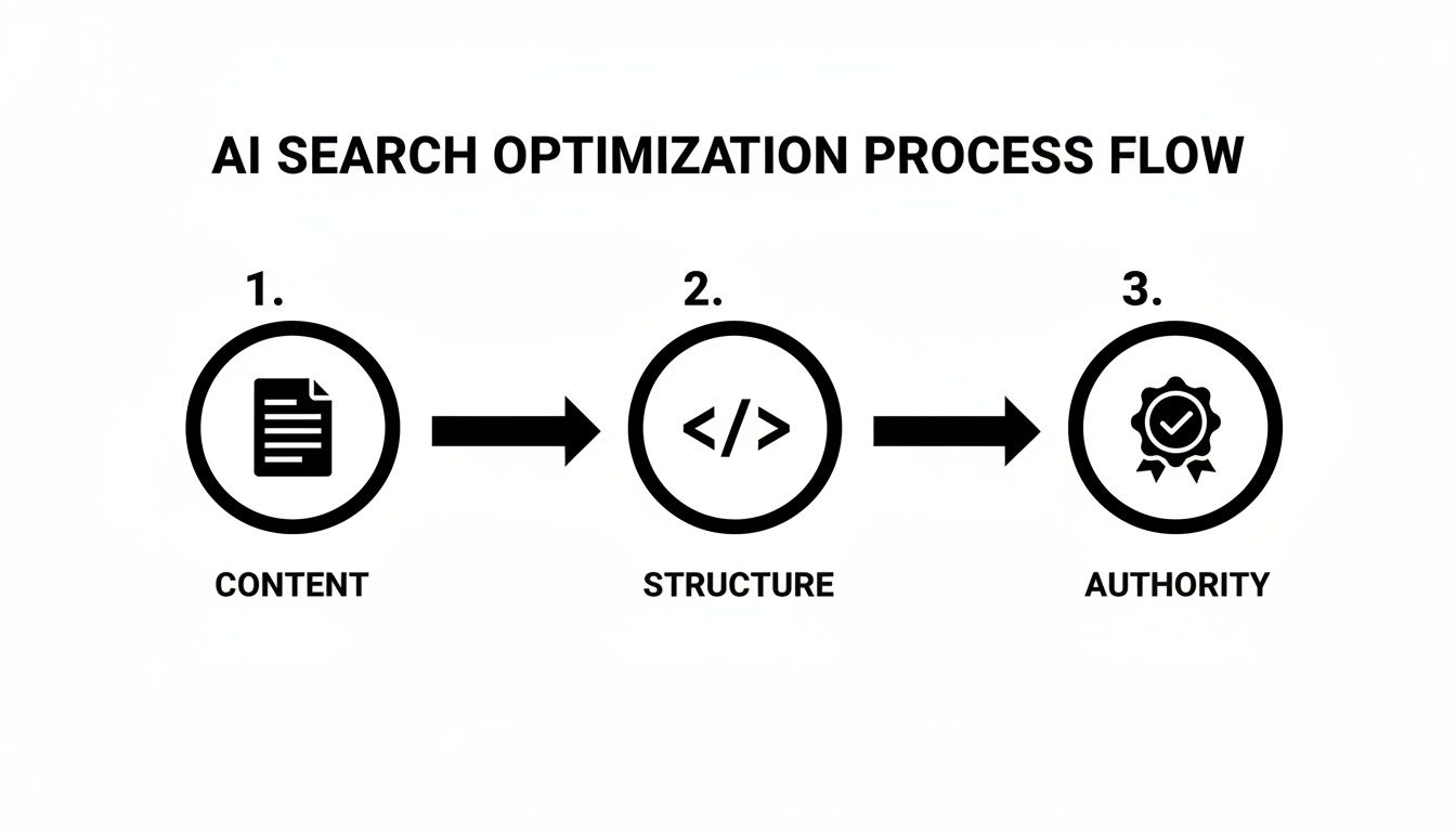 Flowchart detailing the AI search optimization process, highlighting steps for content, structure, and authority.