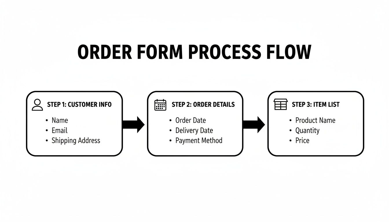 A flowchart outlining a three-step order form process, including customer info, order details, and item list.