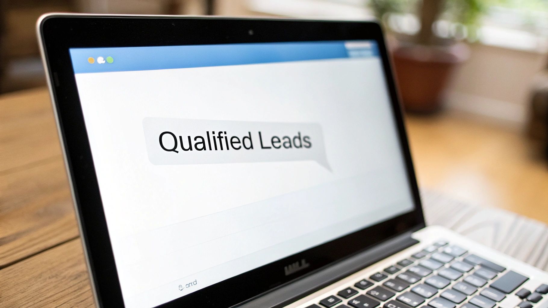 A laptop screen displays 'Qualified Leads' in a speech bubble, sitting on a wooden desk.