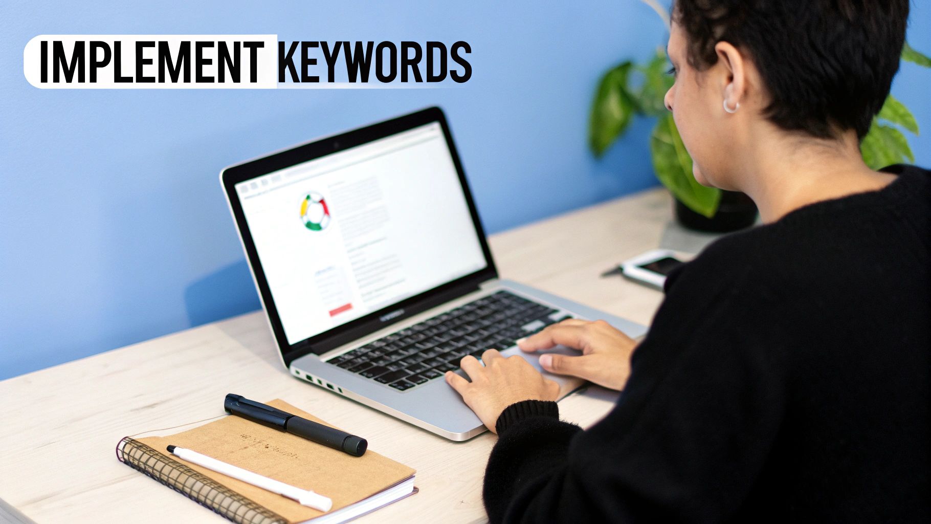 A person typing on a laptop, analyzing data for keyword implementation with a notebook nearby.