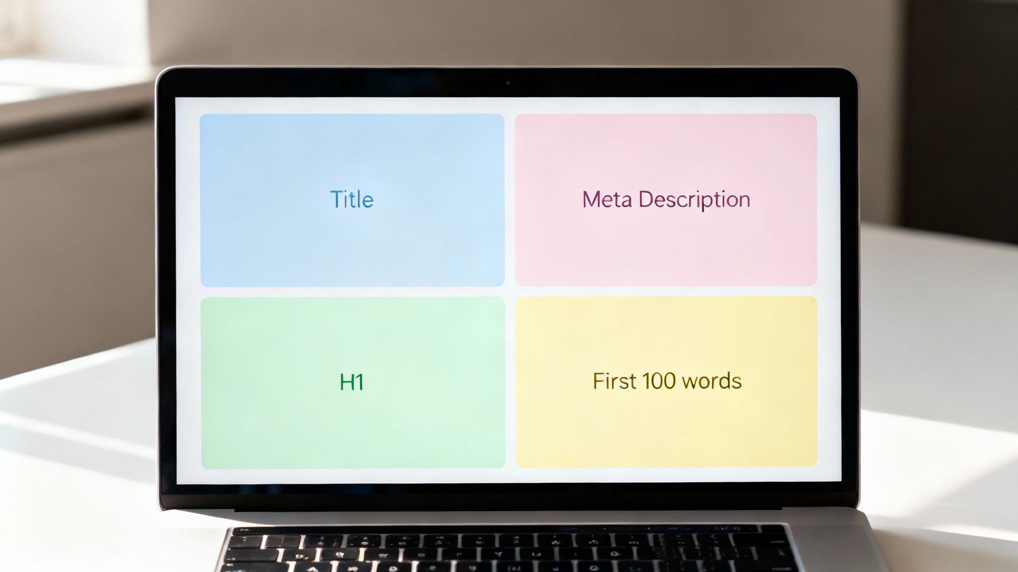 A laptop screen displaying four colored boxes: Title, Meta Description, H1, and First 100 words, representing SEO content structure.