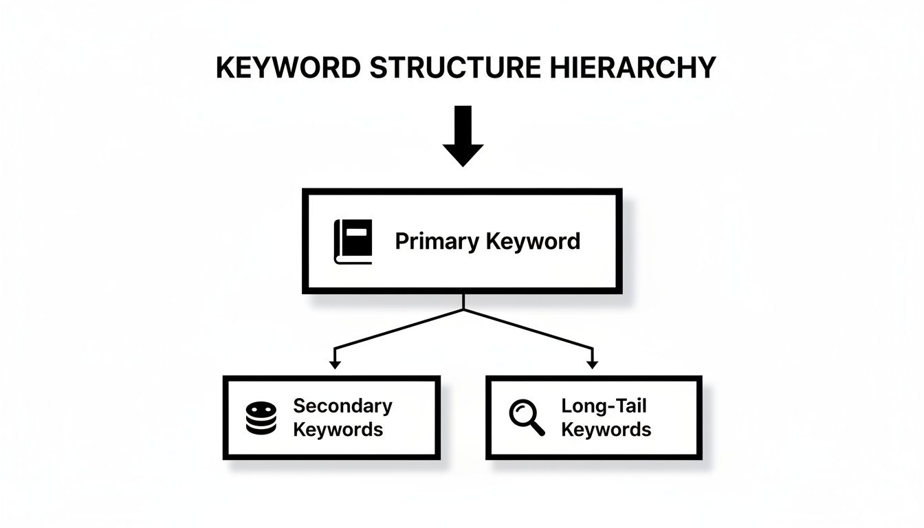 A visual diagram outlining the keyword structure hierarchy for SEO, with primary, secondary, and long-tail keywords.