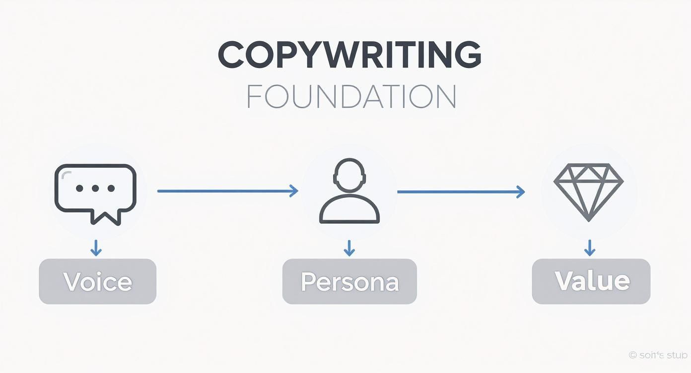 A diagram outlining the copywriting foundation workflow: voice, leading to persona, leading to value.