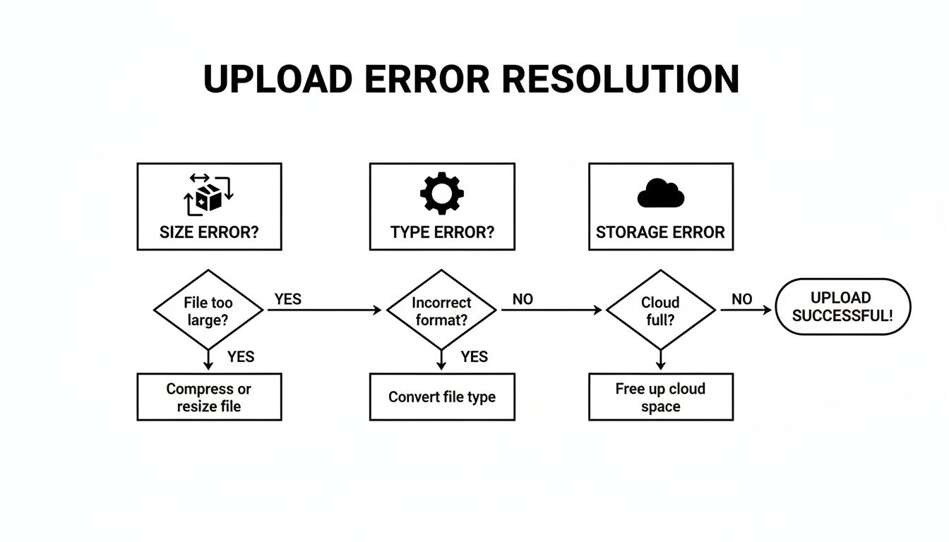 Flowchart detailing upload error resolution steps for size, type, and storage issues, leading to successful upload.