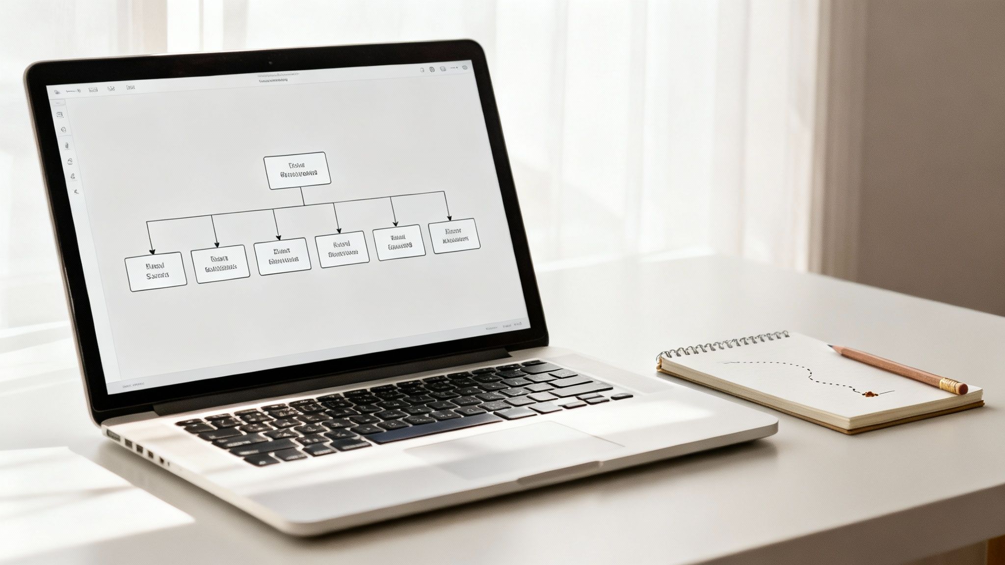 A laptop on a white desk displays a marketing organizational chart in Cyrillic, next to a notebook.