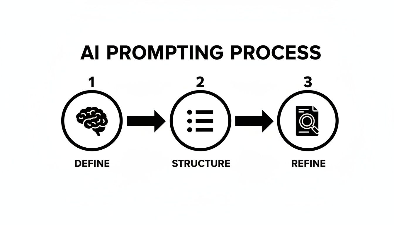 A three-step diagram outlining the AI prompting process: Define, Structure, and Refine.