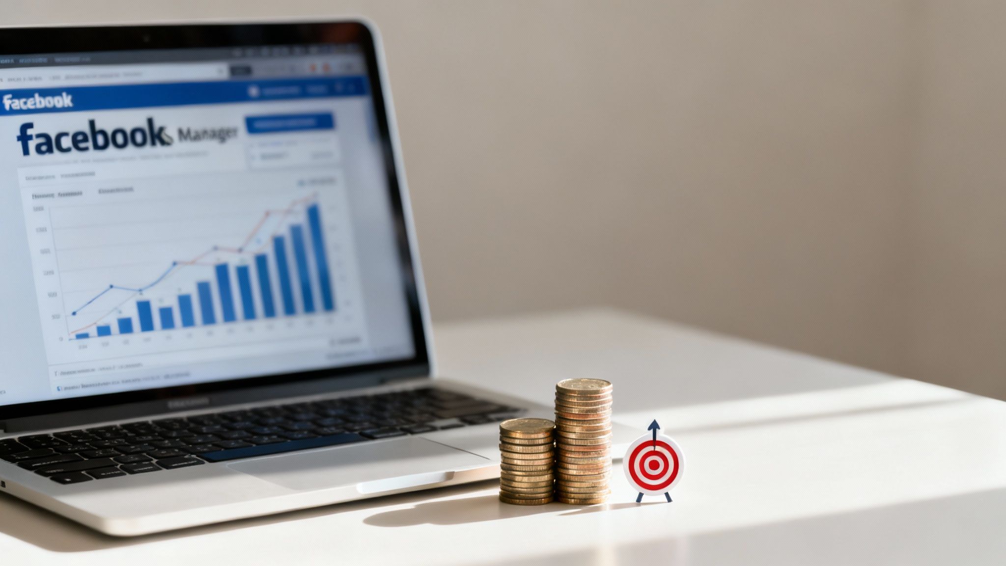 A laptop displays Facebook Ads Manager with a growth chart, next to stacked coins and a target icon, symbolizing marketing success.