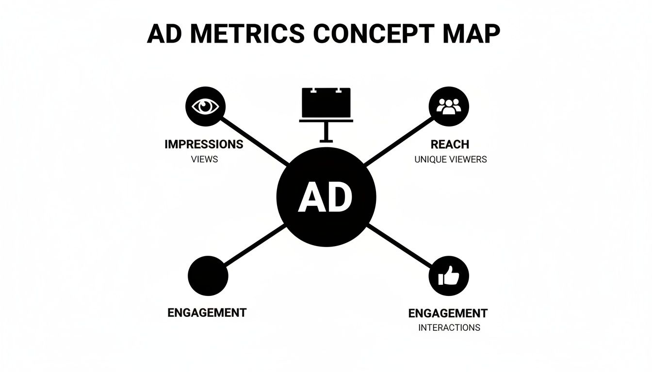 A concept map showing AD metrics, including Impressions (views), Reach (unique viewers), and Engagement (interactions).