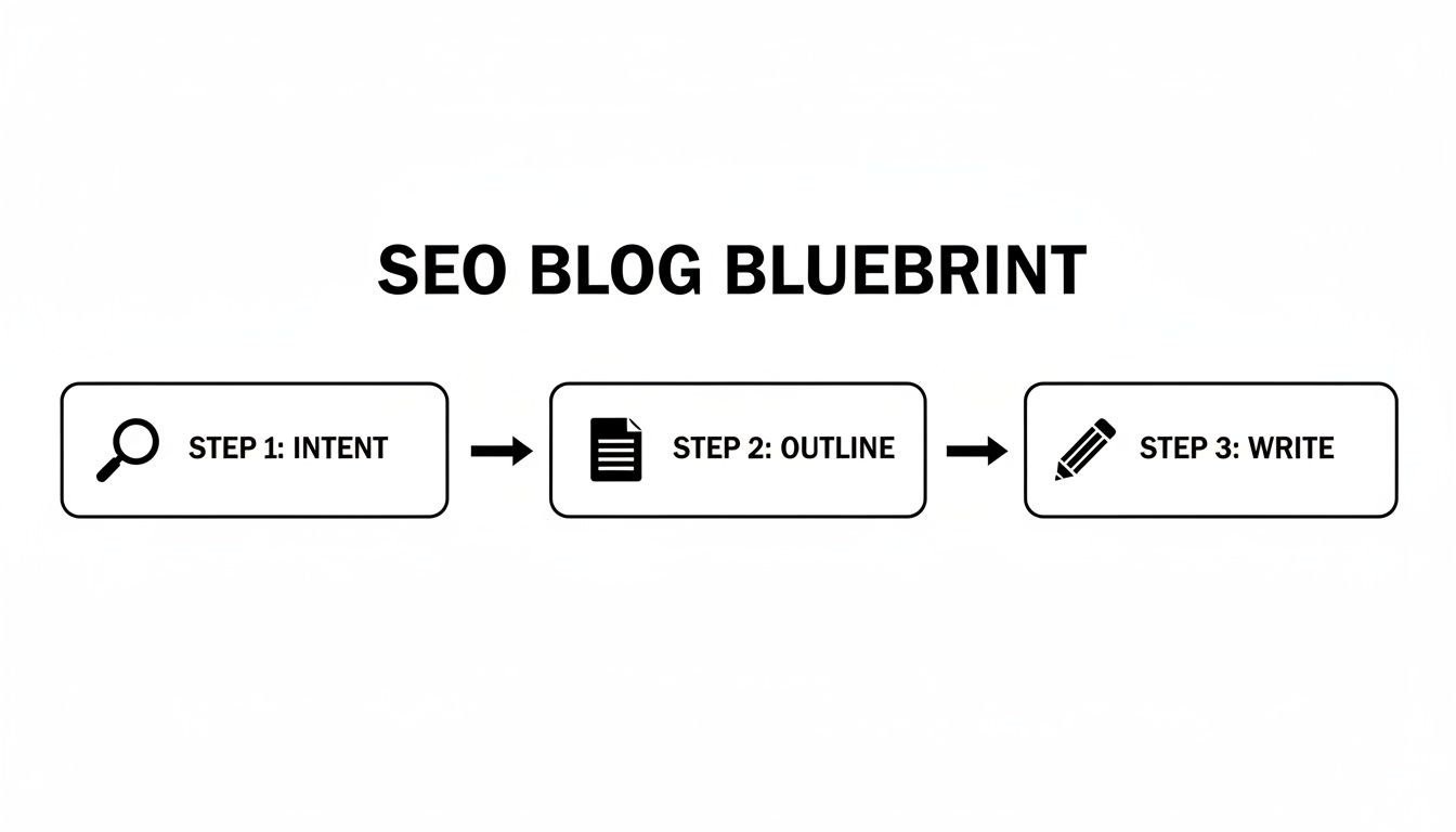 A clear flowchart illustrating the SEO blog blueprint with three steps: intent, outline, and write.