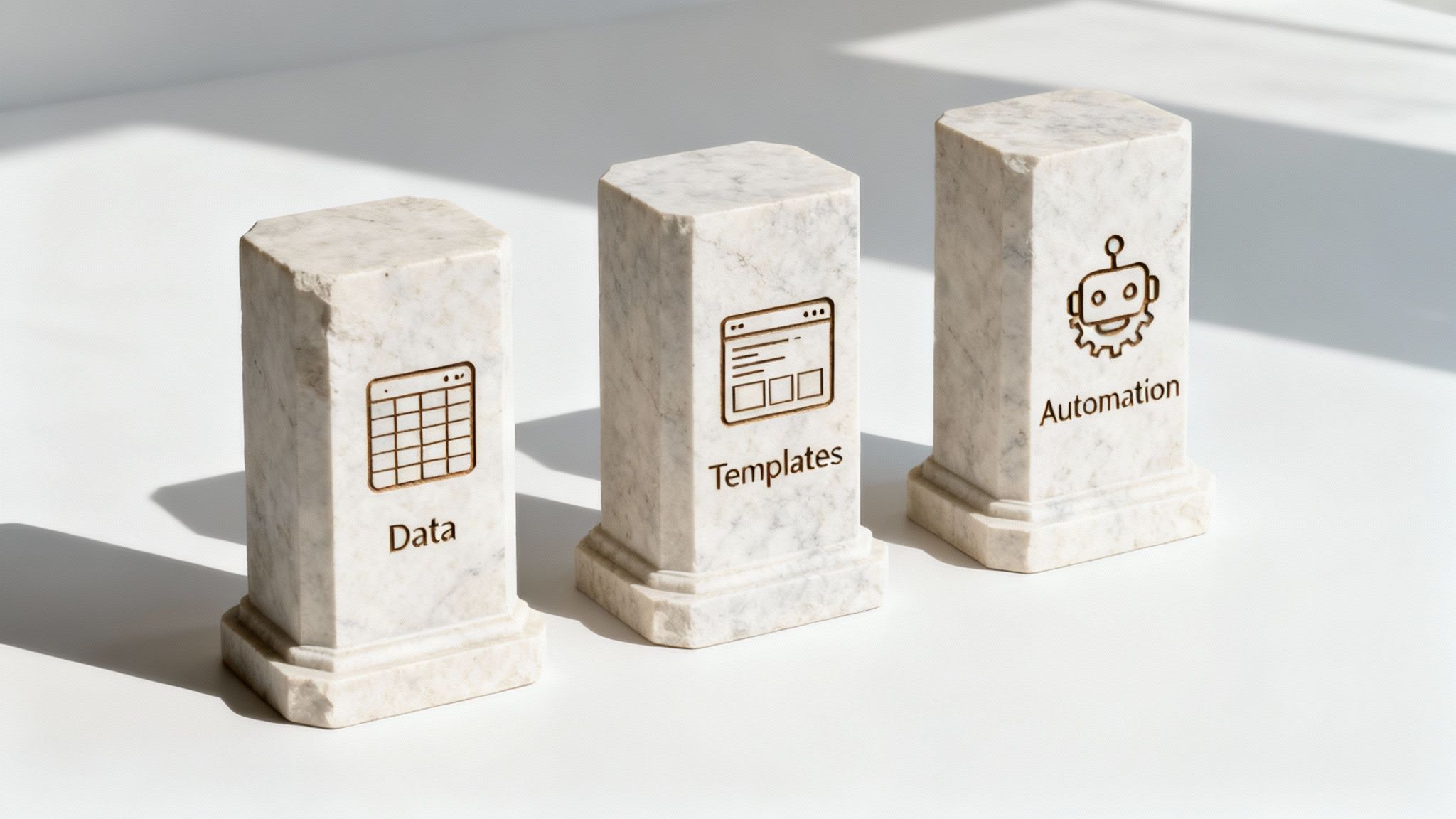 Three marble pillars displaying icons and text for data, templates, and automation, illustrating key programmatic SEO components.