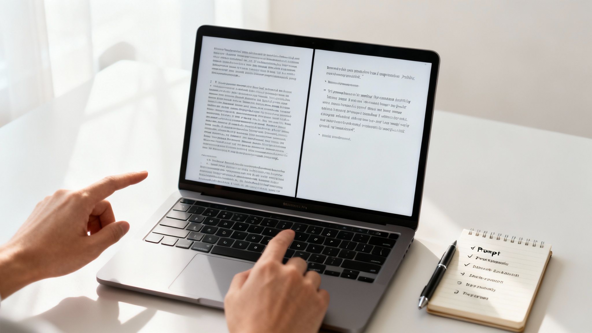 Hands working on a laptop displaying text, next to a notepad titled 'Prompt', suggesting AI writing.