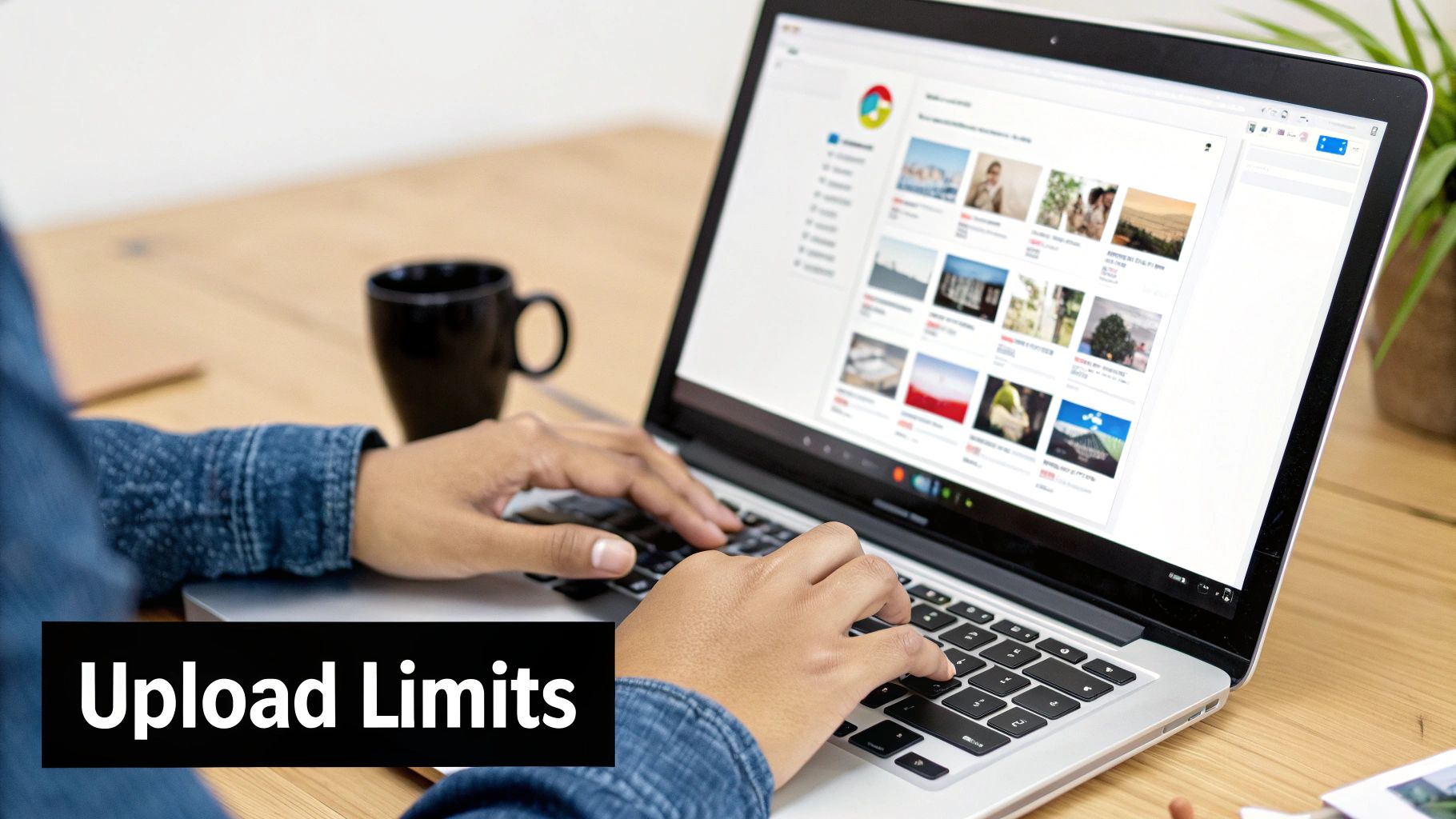 A person types on a laptop displaying images and 'Upload Limits' text, on a wooden desk.