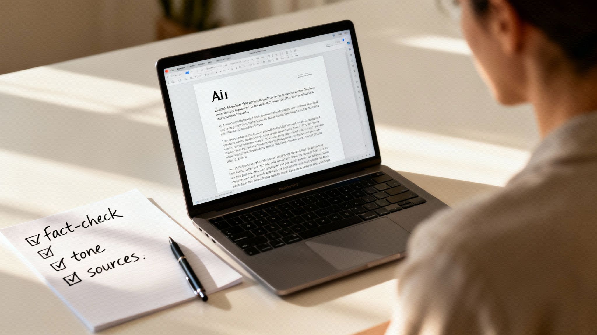 A person reviews content on a laptop with a checklist for fact-checking, tone, and sources.