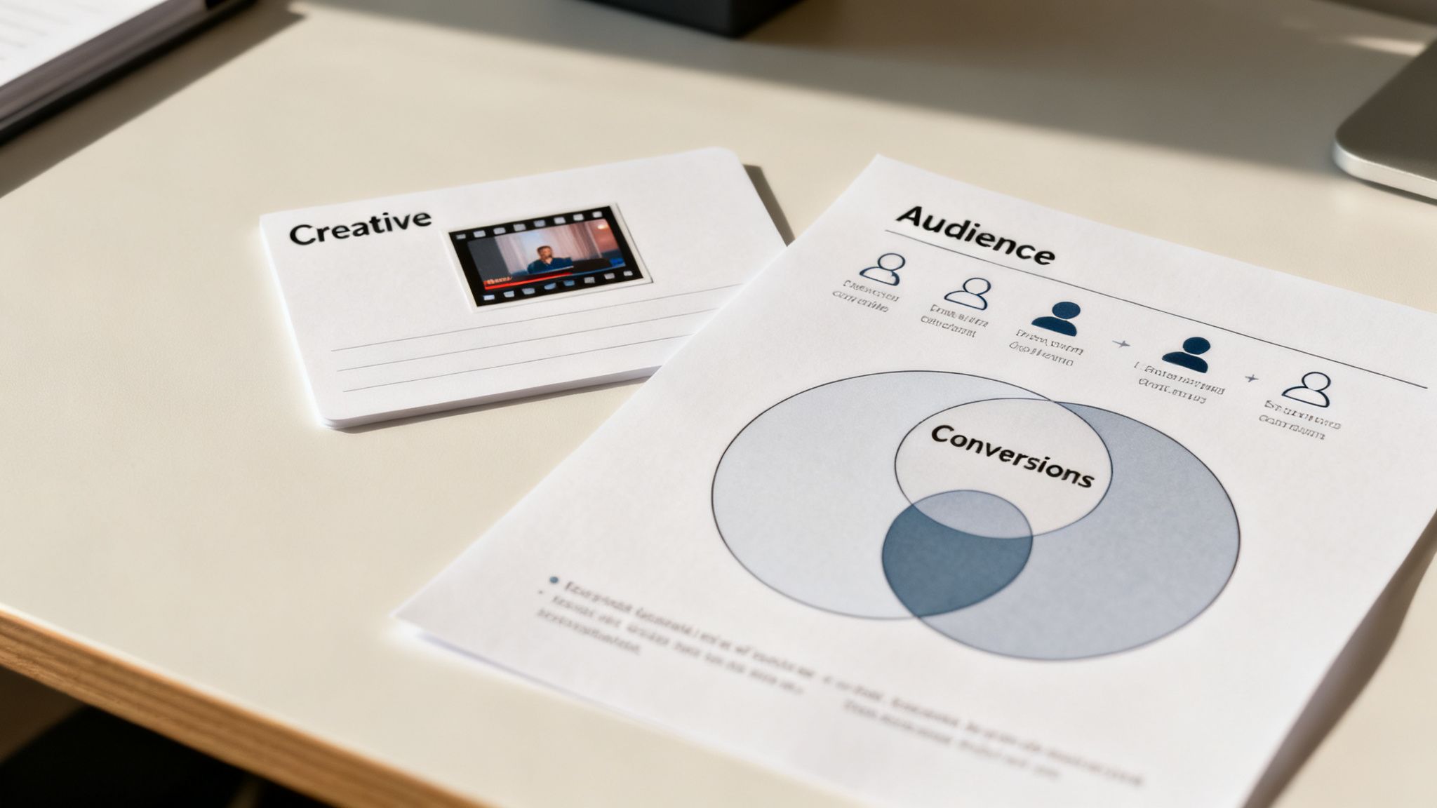 A close-up of a desk with marketing materials, including 'Creative' video concept and 'Audience' conversions diagram.