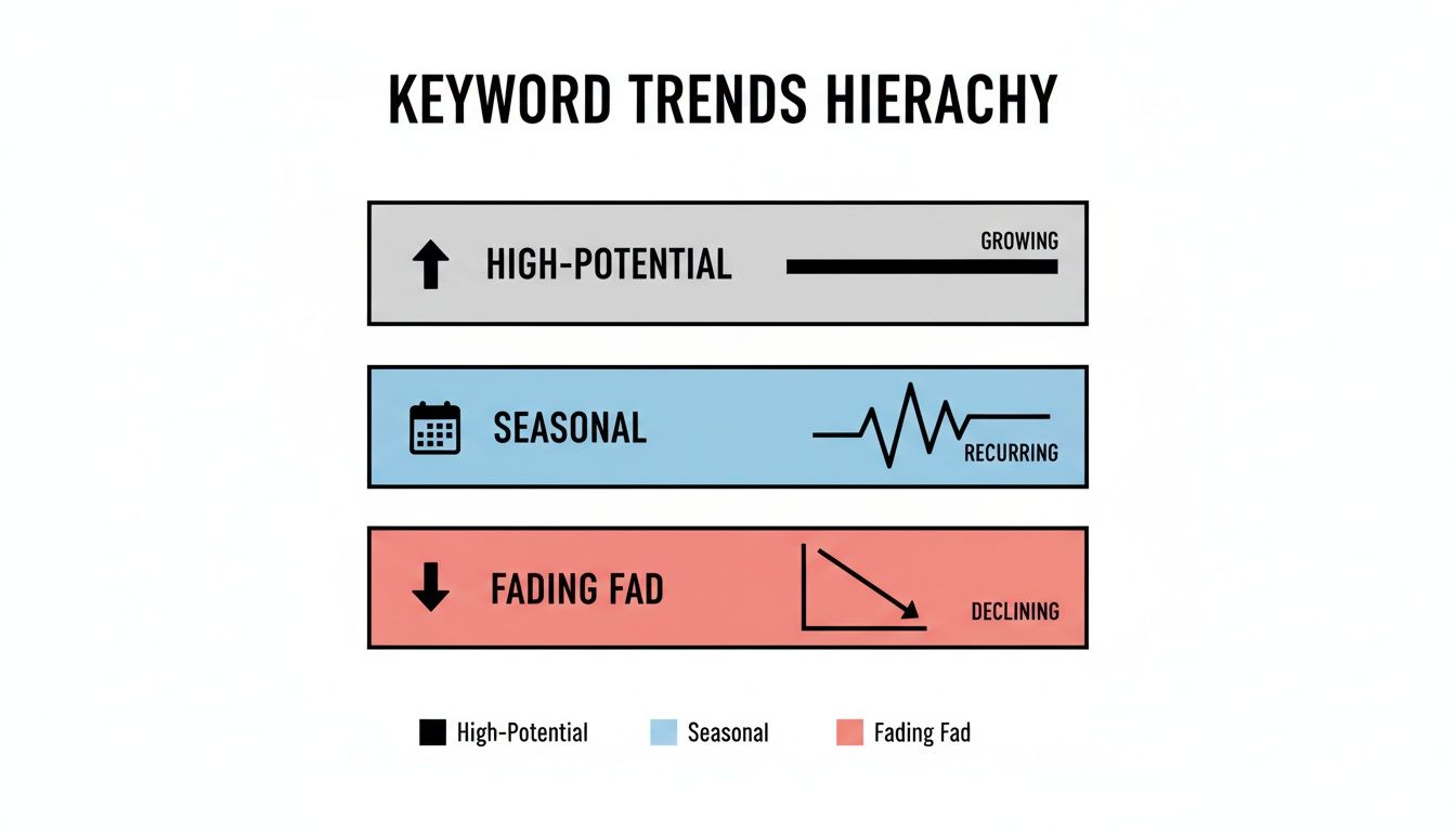 An infographic illustrating keyword trends hierarchy with high-potential, seasonal, and fading fad categories.