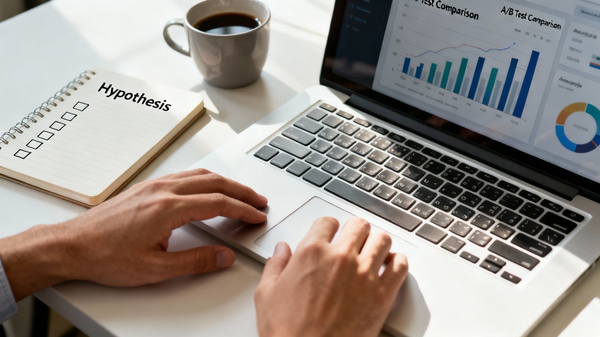 Person analyzing data on a laptop, next to a notebook titled 'Hypothesis' and a coffee.
