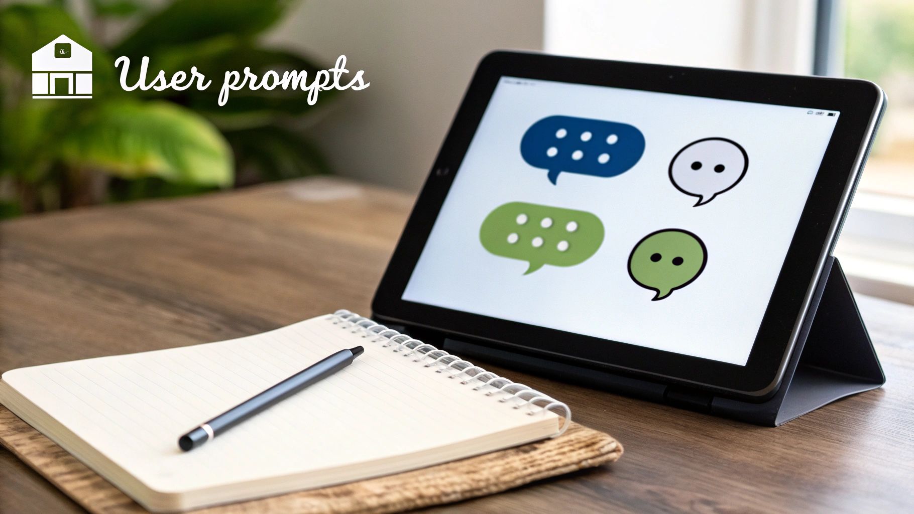 Tablet displaying chat icons, a notebook, and a pen on a wooden desk with "User prompts" text.