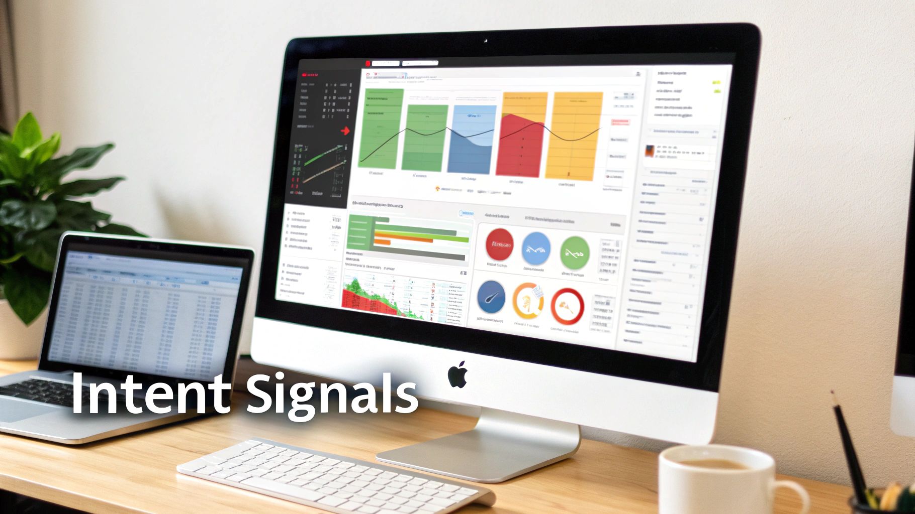 A modern office desk featuring Apple computers displaying data analytics dashboards and spreadsheets.