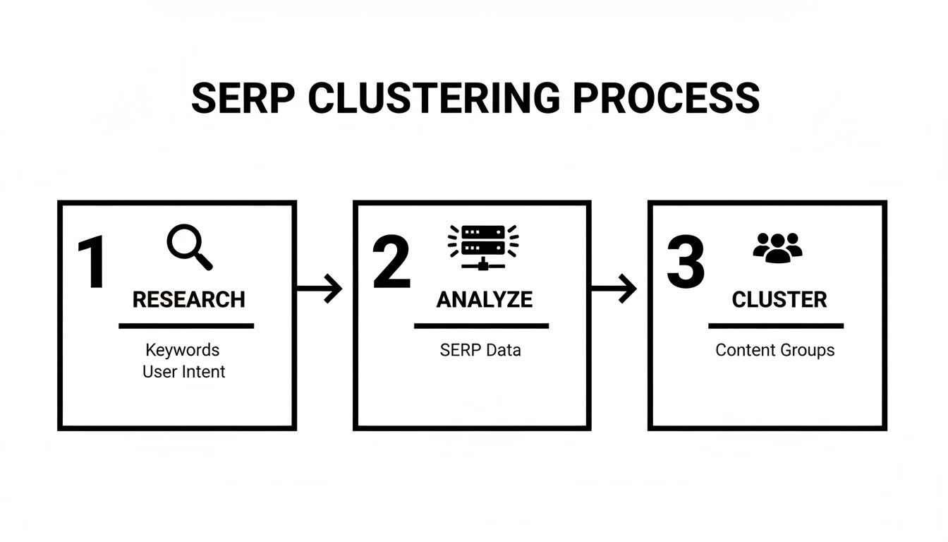 Diagram showing the SERP clustering process in three steps: research, analyze, and cluster.