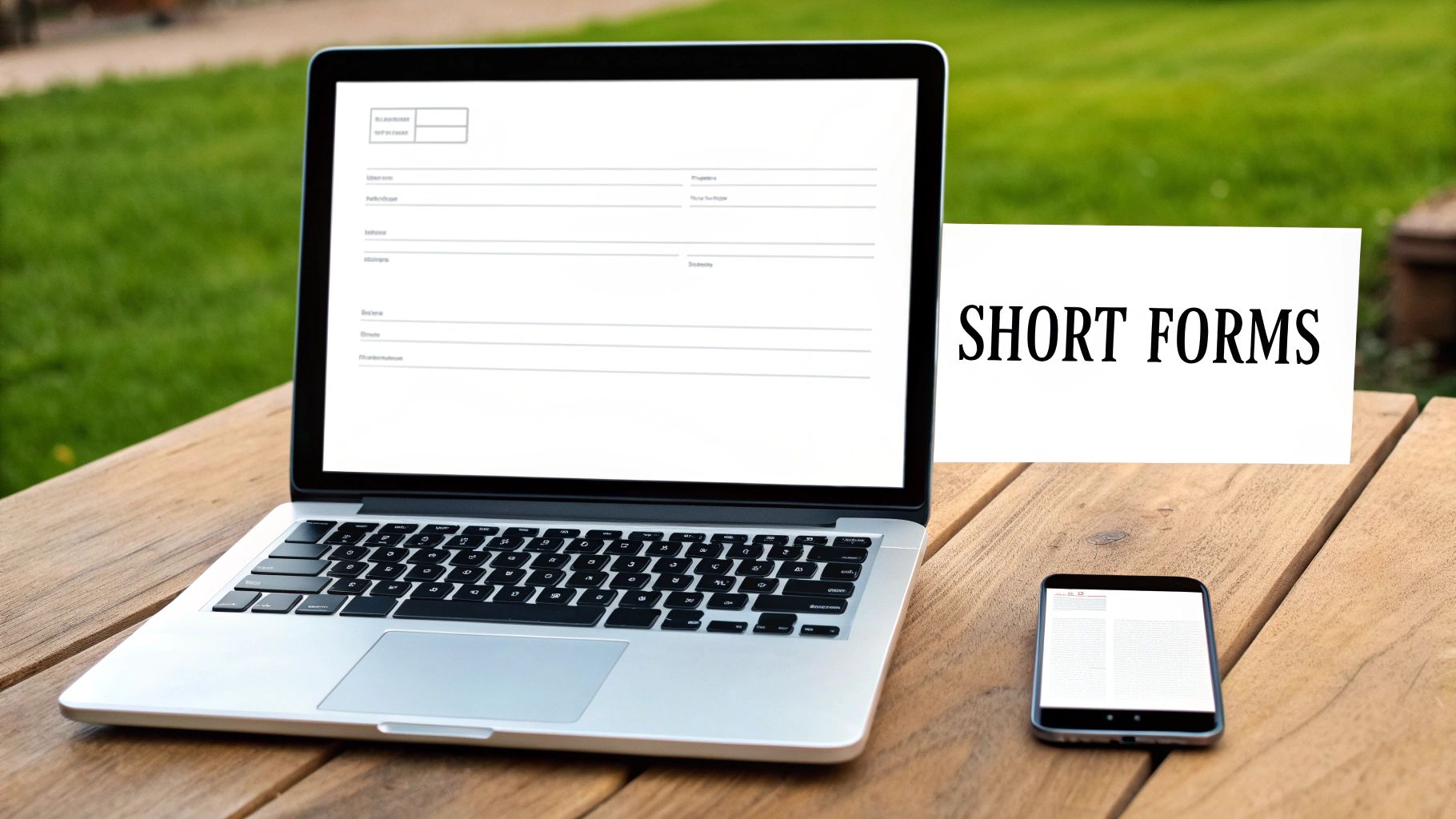 A laptop displays a digital form next to a sign saying 'SHORT FORMS' and a smartphone on a wooden table.