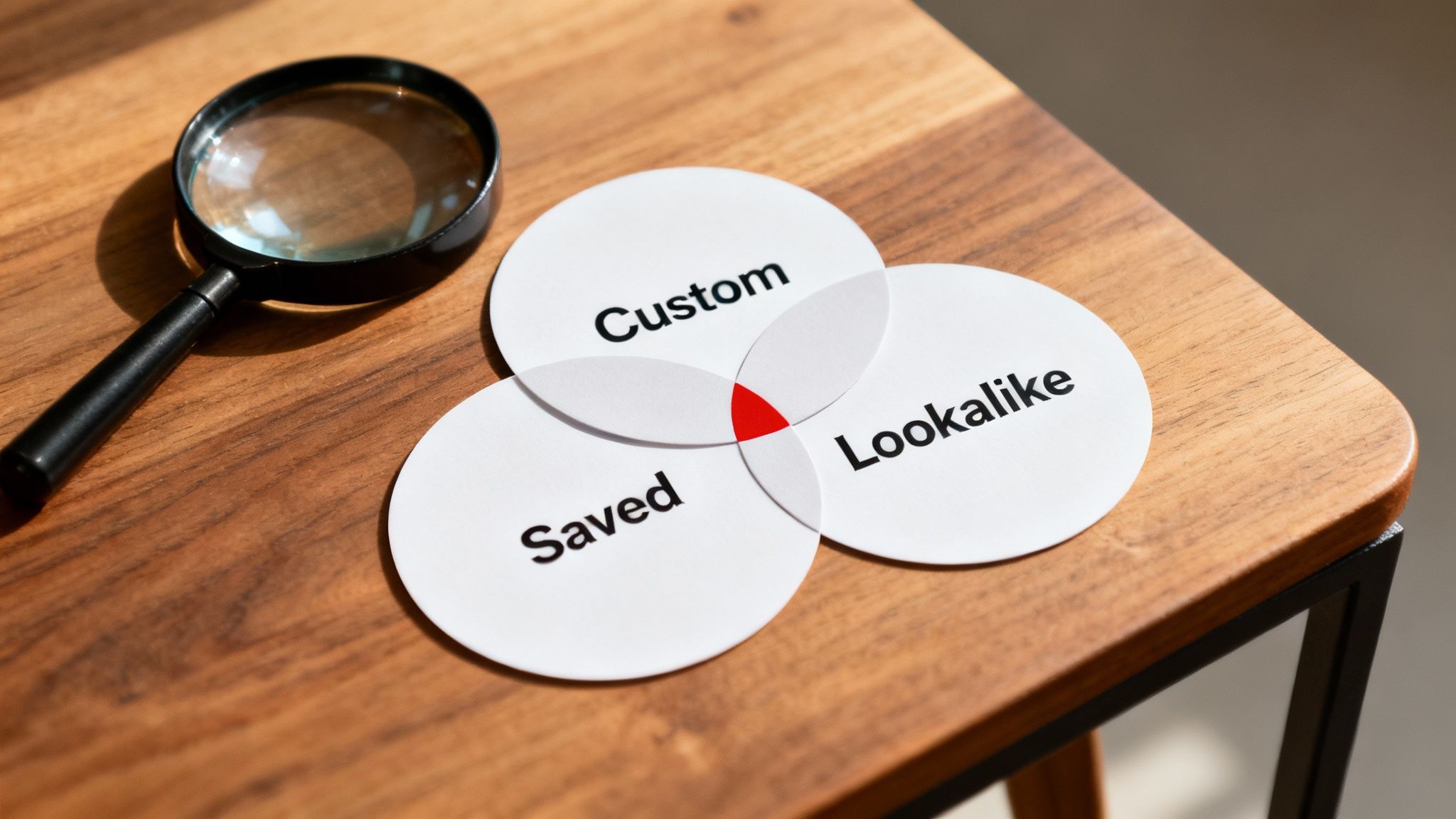 A magnifying glass lies beside a Venn diagram illustrating 'Custom', 'Lookalike', and 'Saved' audience segments.