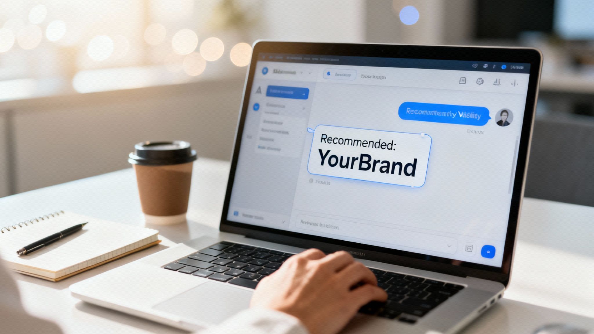 A person typing on a laptop, displaying a 'Recommended: YourBrand' message, with coffee and a notebook nearby.